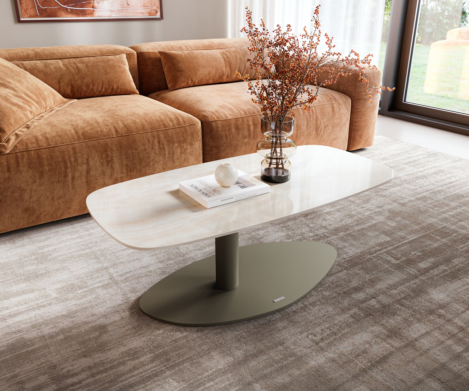 Table basse Edge forme bateau 100x50 cm céramique Onyx Champagne Vibany métal finition effet titane