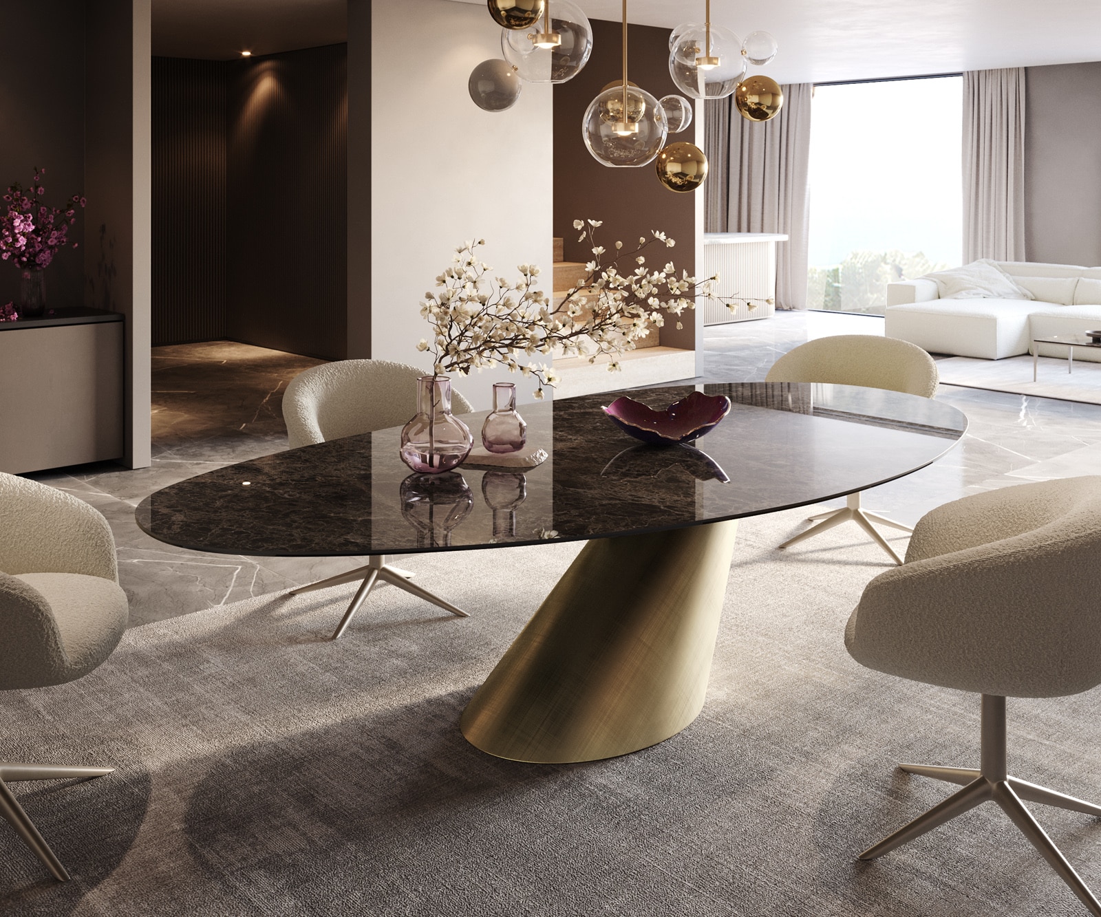 Table de salle à manger Edge Ovale Céramique Emperador Extra Lucidato Brun foncé 280x130 Cono Métallique Or 1