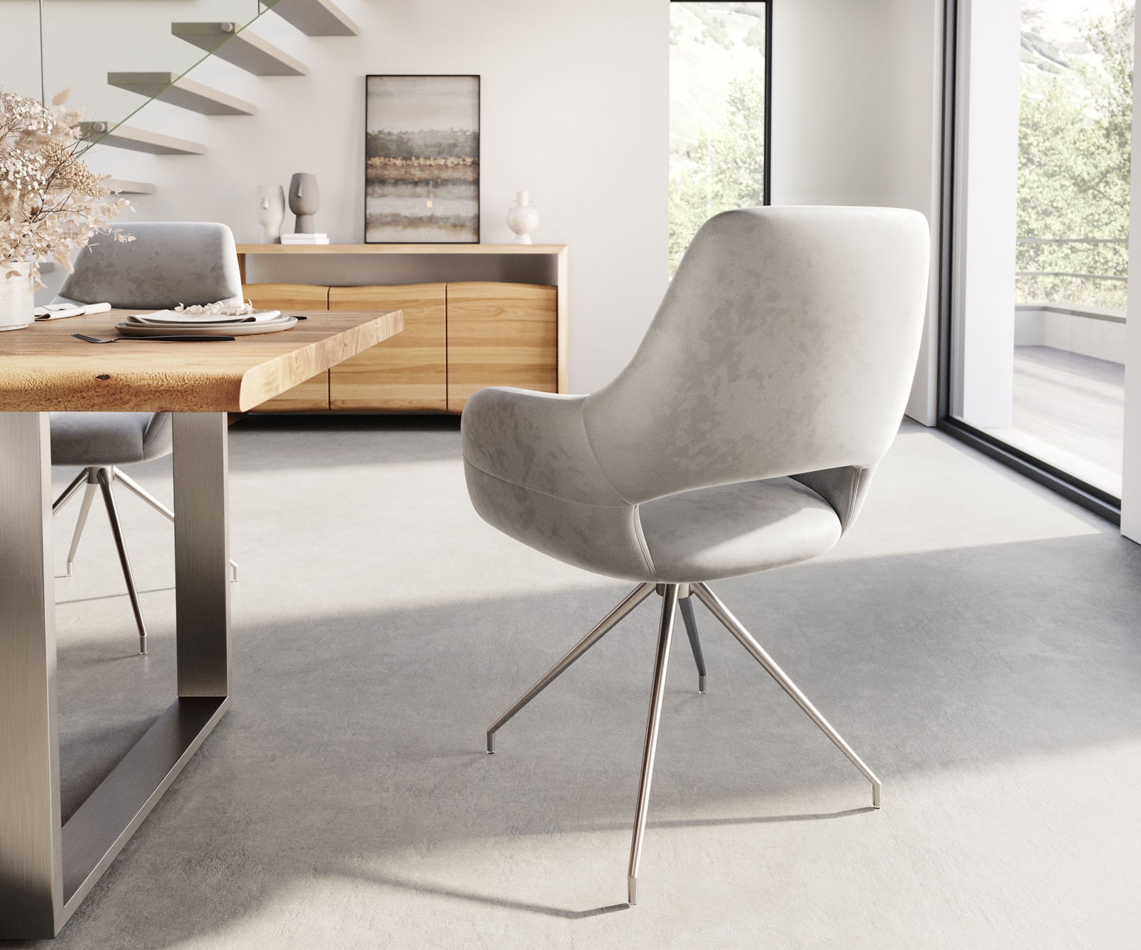 Chaise-de-salle-à-manger Yago-Flex avec accoudoirs velours gris pied croisé conique acier inoxydable brossé ressorts ensachés 4 Chaise-de-salle-à-manger Yago-Flex avec accoudoirs velours gris pied croisé conique acier inoxydable brossé ressorts ensachés 4