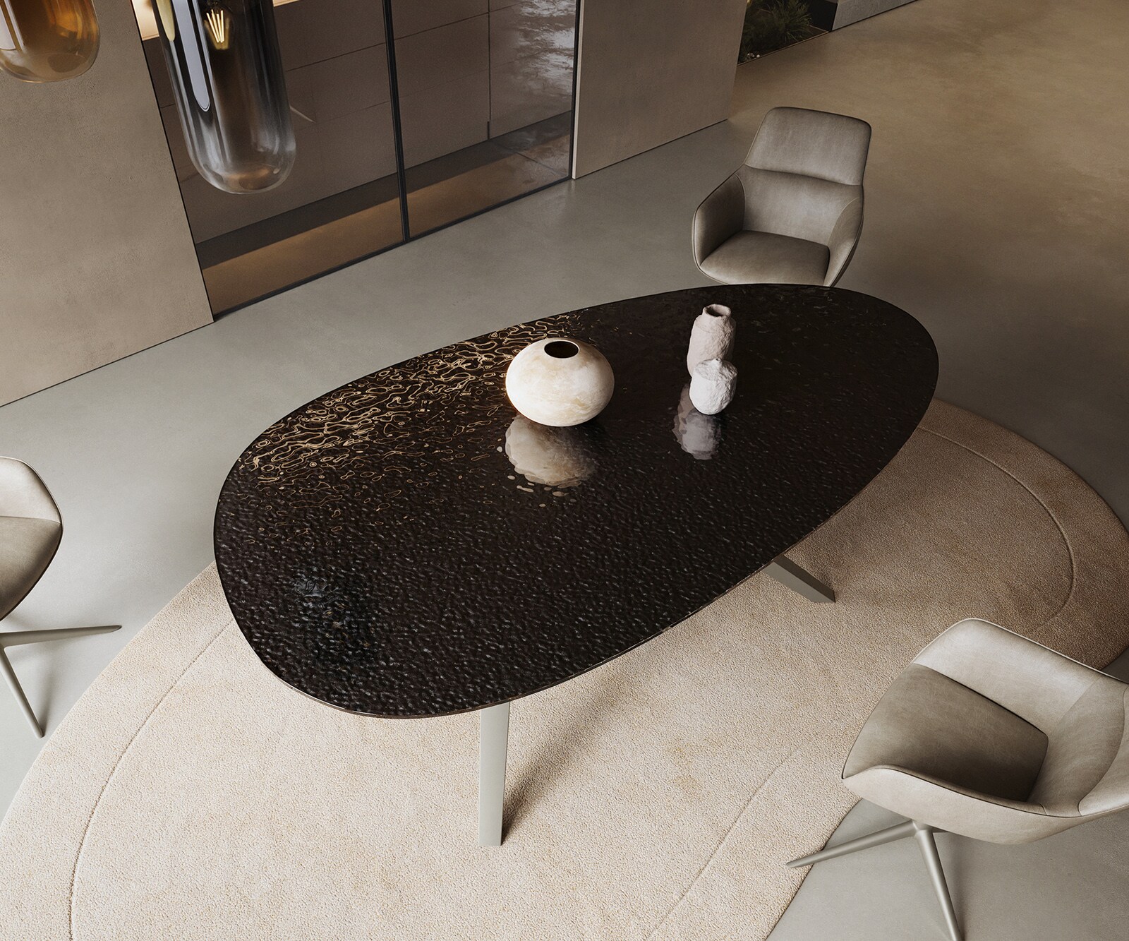 Table à manger Edge Ovale 220x120 Reliefglas RauchNoir 3D-Design Zenthara anguleux Métal finition à effet Titane 3