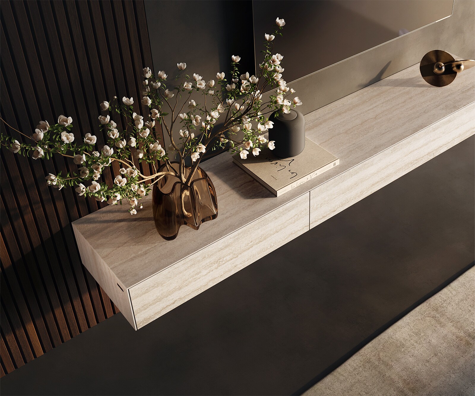 Meuble-TV Cuor 200 cm Céramique Laminam® Travertino Bianco Crème-blanc 1 Clapet 1 Tiroir Flottant 3