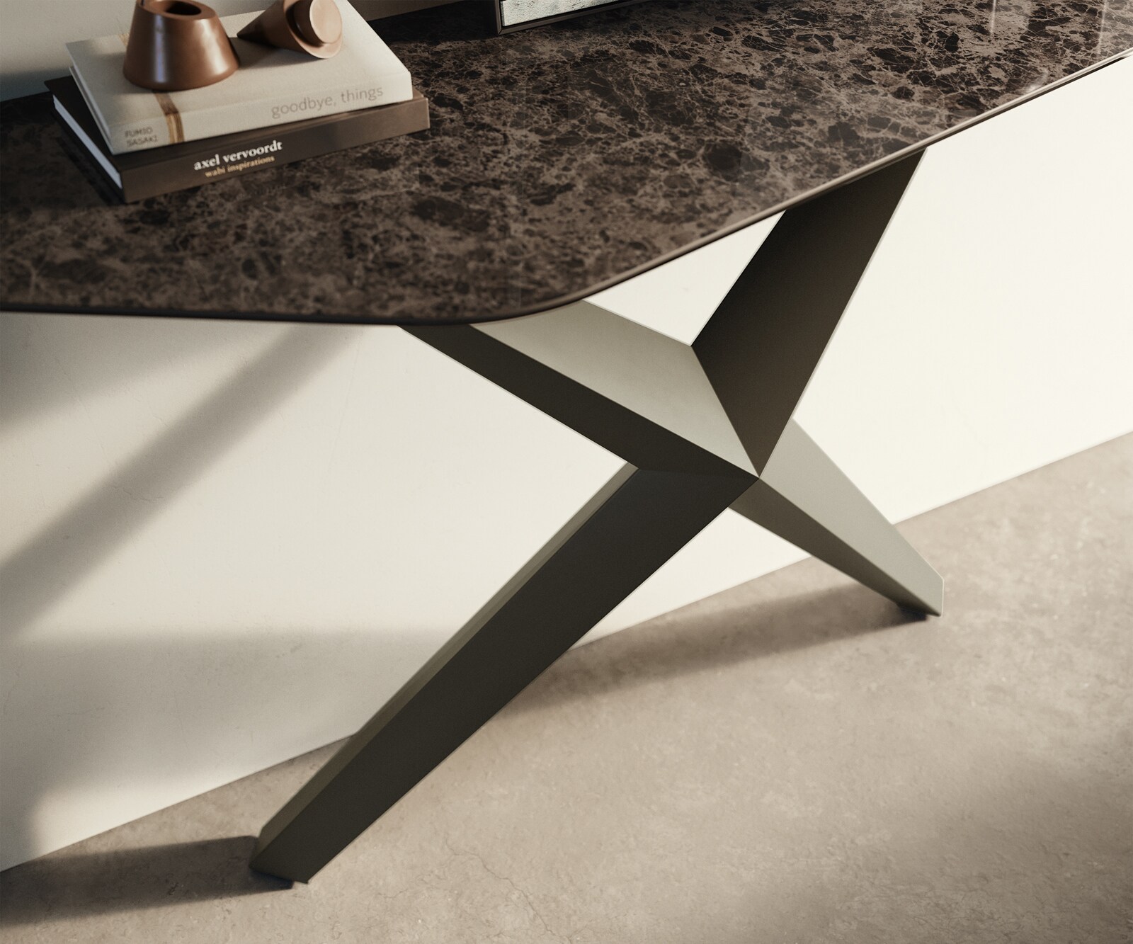 Console Edge Polygonal 140x50 cm Céramique Emperador Extra Lucidato Dunkelbraun Zentharo Métal Effektfinish Titan 5