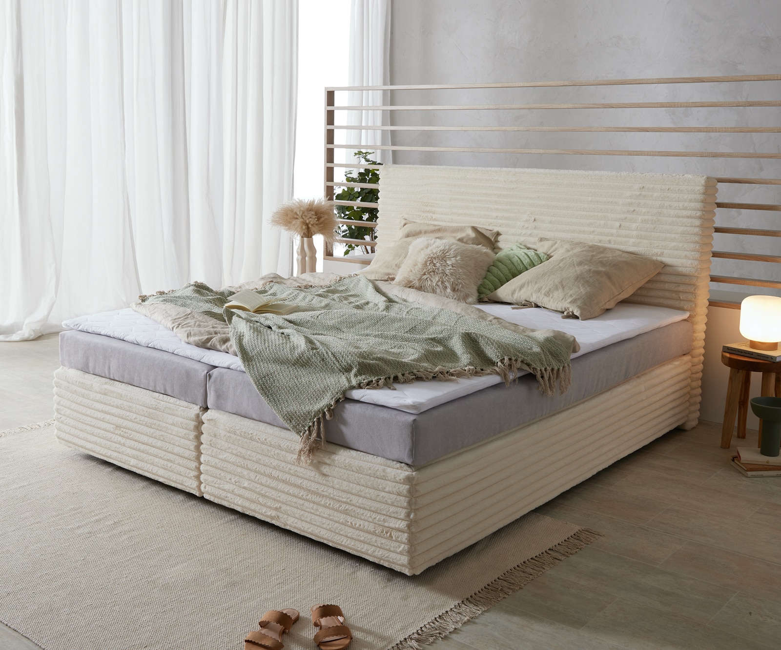 Lit Boxspring Dream-Well Velours Côtelé Beige 180x200 cm Matelas Bonell Topper en Mousse PU Lit Boxspring Dream-Well Velours Côtelé Beige 180x200 cm Matelas Bonell Topper en Mousse PU