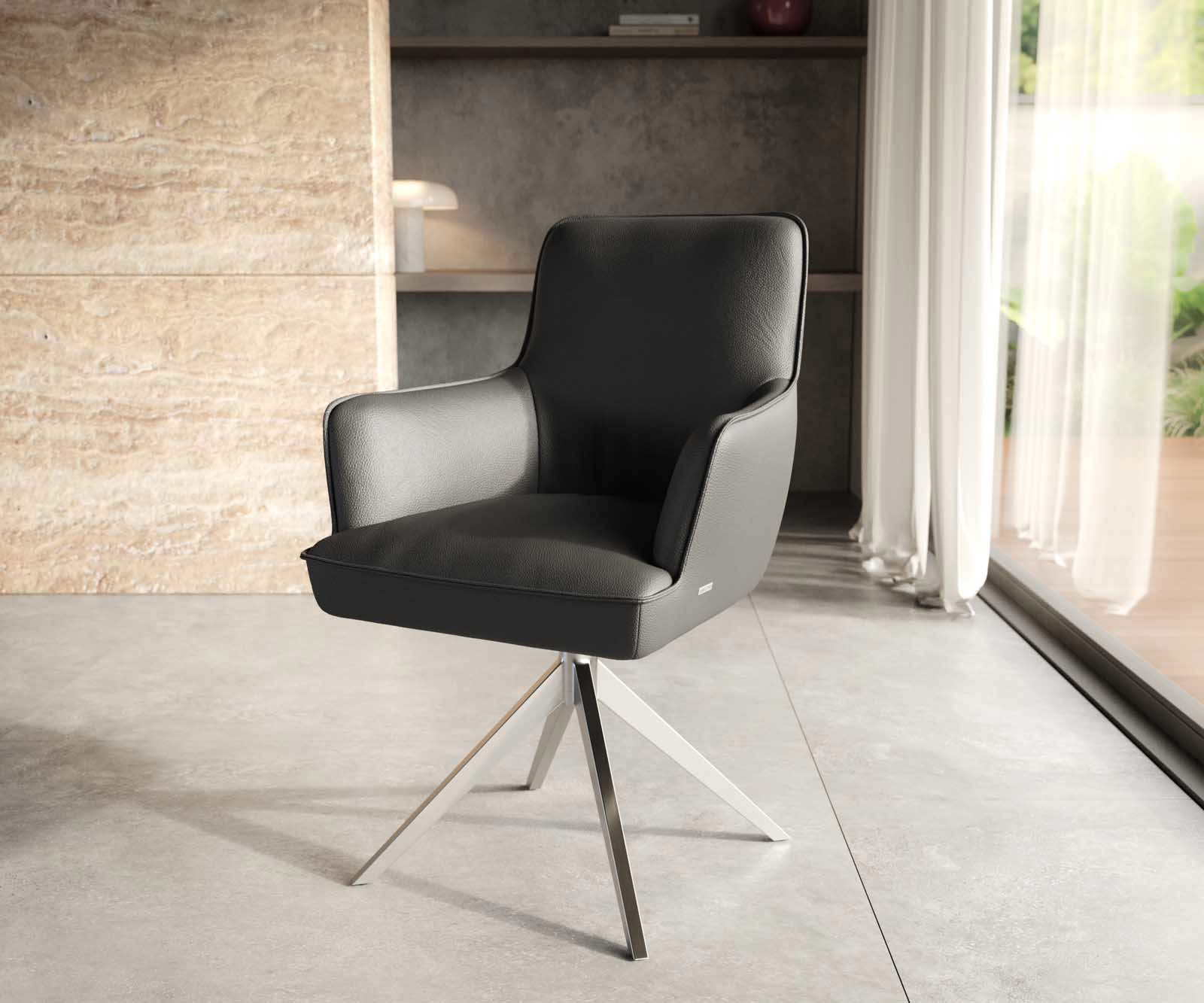 Chaise-pivotante Heira-Flex avec accoudoirs cuir de vache noir pied croisé large acier inoxydable brossé pivotement sur 360° ressorts ensachés