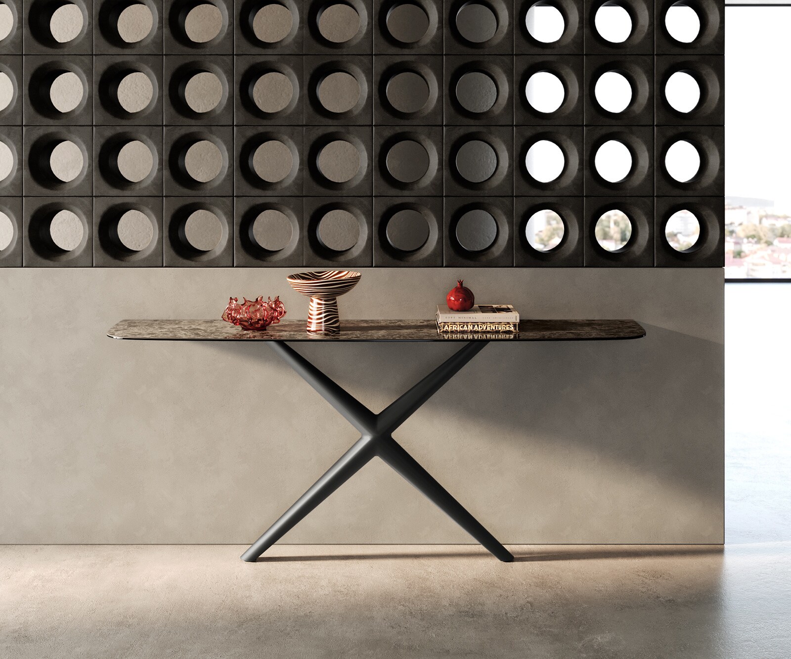 Console Edge forme bateau 180x40 cm Céramique Emperador Extra Lucidato Dunkelbraun Estelo Métal Noir 1