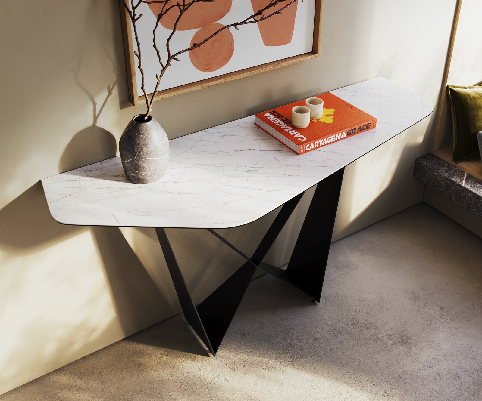 Console Edge Polygonal 140x50 cm Céramique Laminam® Statuarietto Weiß Spios Métal Noir 2