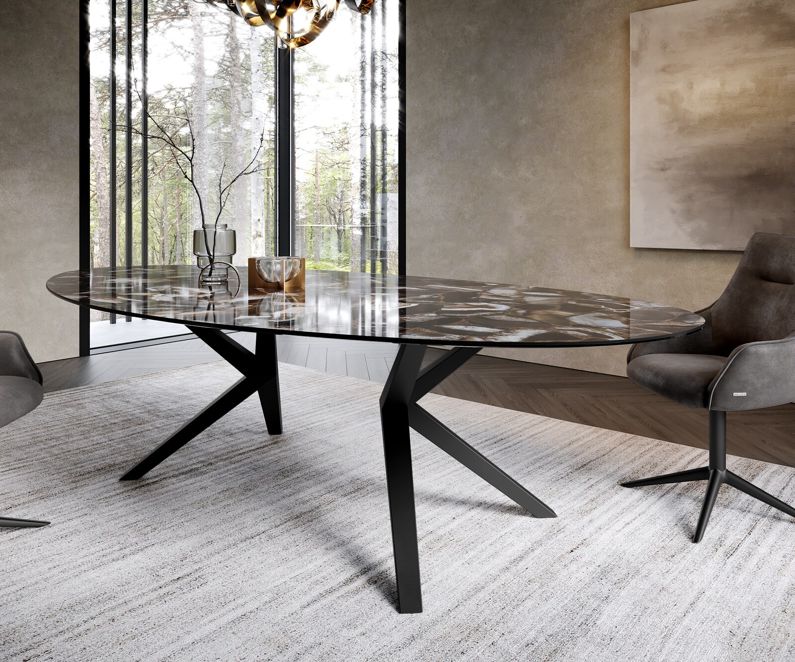 Table à manger Edge Ovale 280x130 Céramique Iris FMG Agatablack Zenthara anguleux Métal Noir 5