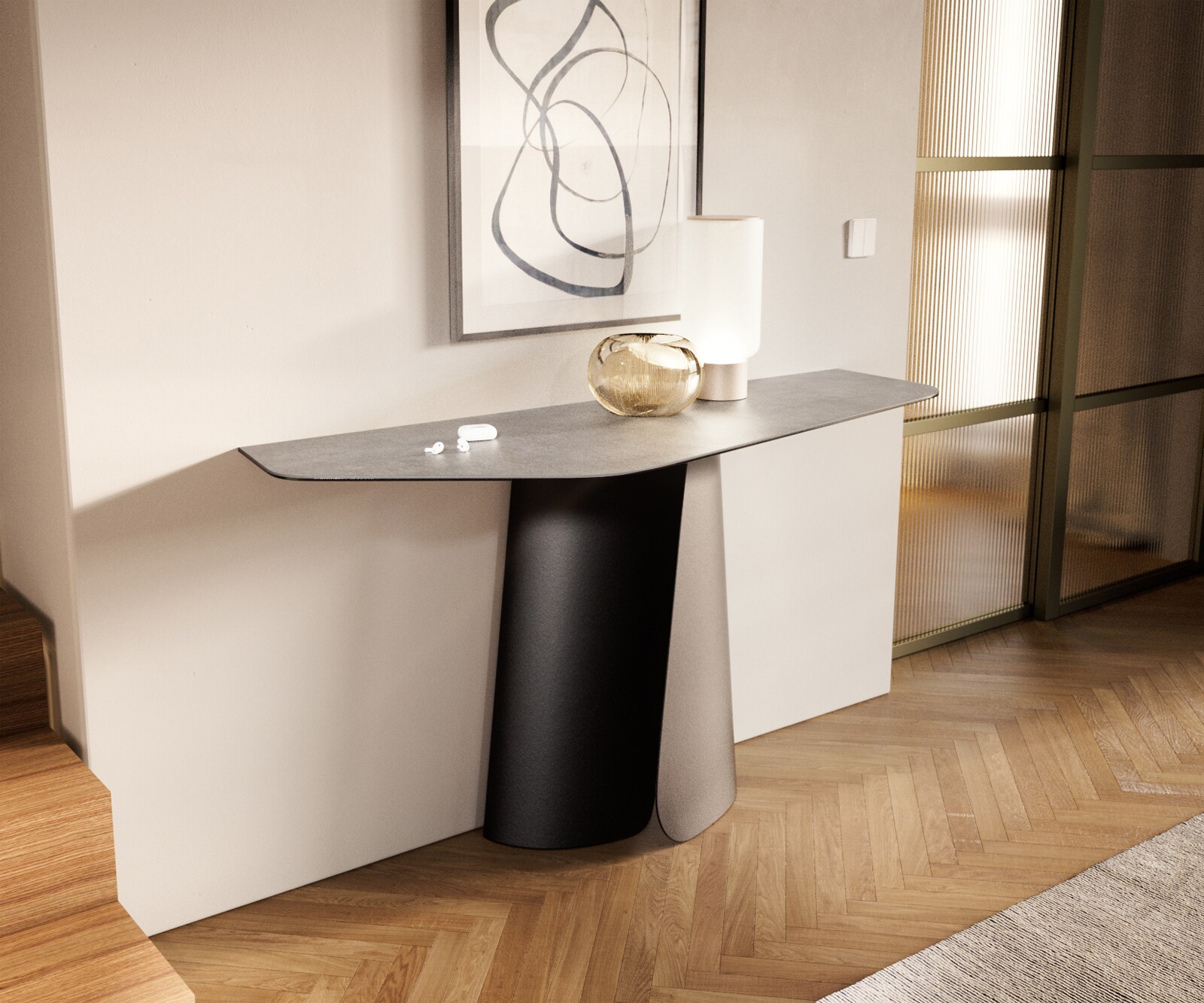 Console Edge Polygonal 140x50 cm Céramique Gris béton Spios Métal Noir 4