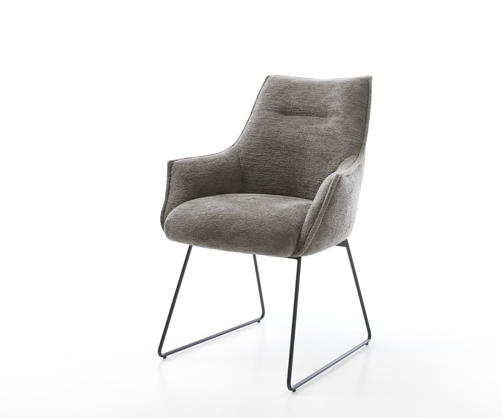 Chaise-de-salle-à-manger Alja-Flex avec accoudoirs bouclé doux couleur boue pied trapèze noir resorts ensachés