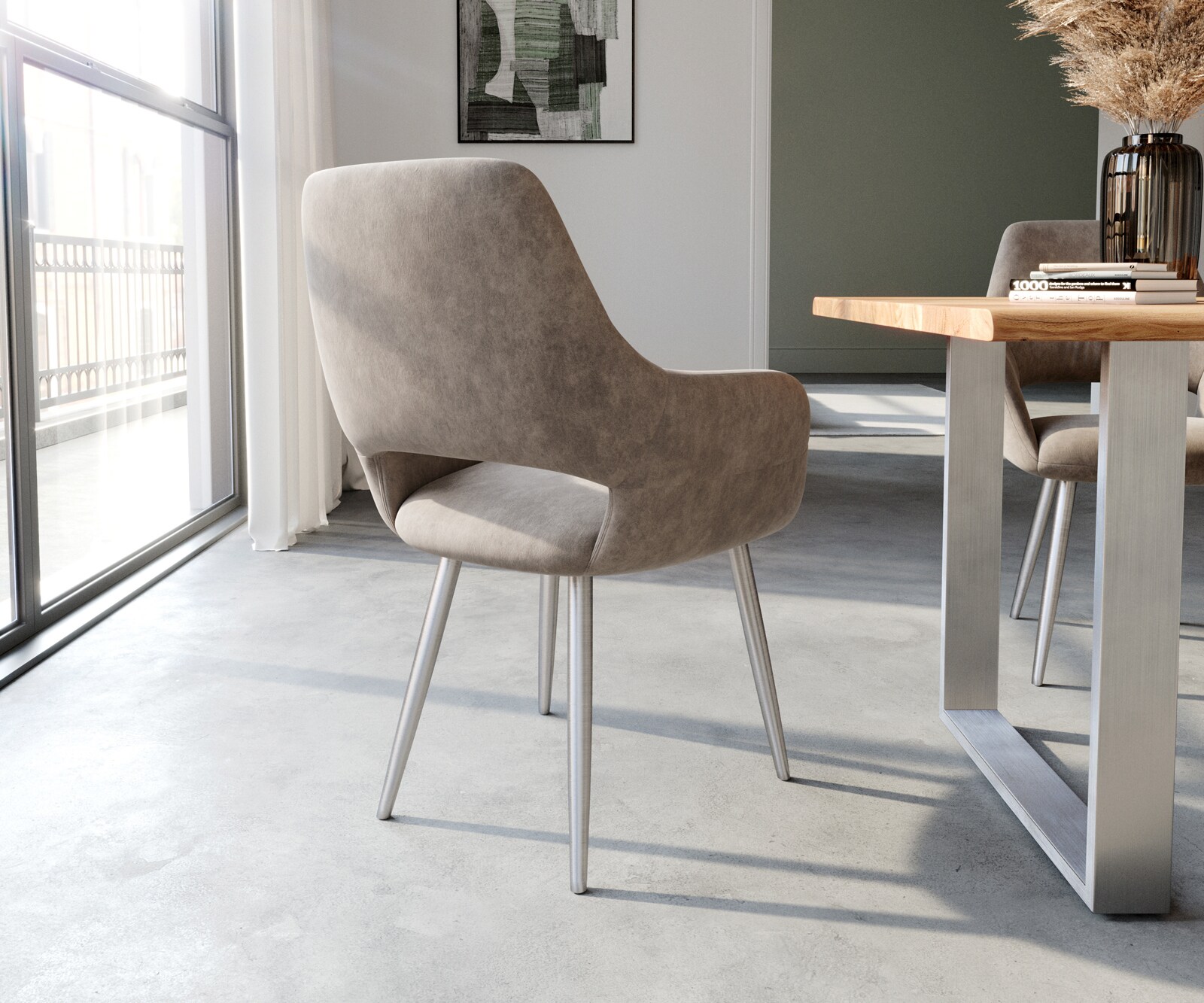 Chaise-de-salle-à-manger Yago-Flex avec accoudoirs microvelours taupe vintage 4 pieds coniques acier inoxydable brossé ressorts ensachés 5