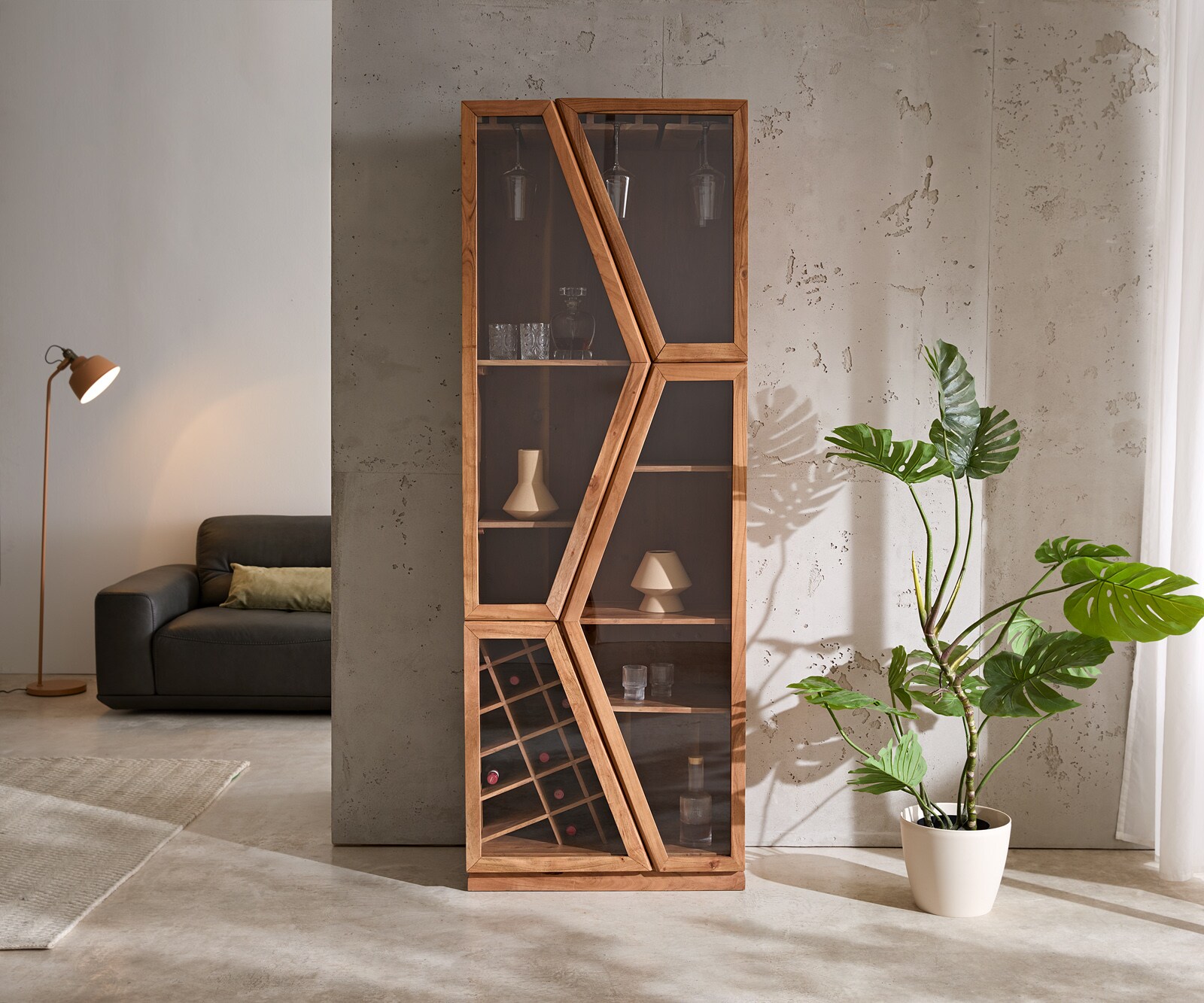 Vitrine-en-verreTaza 75x210 cm acacia naturel 4 portes armoire de bar 1