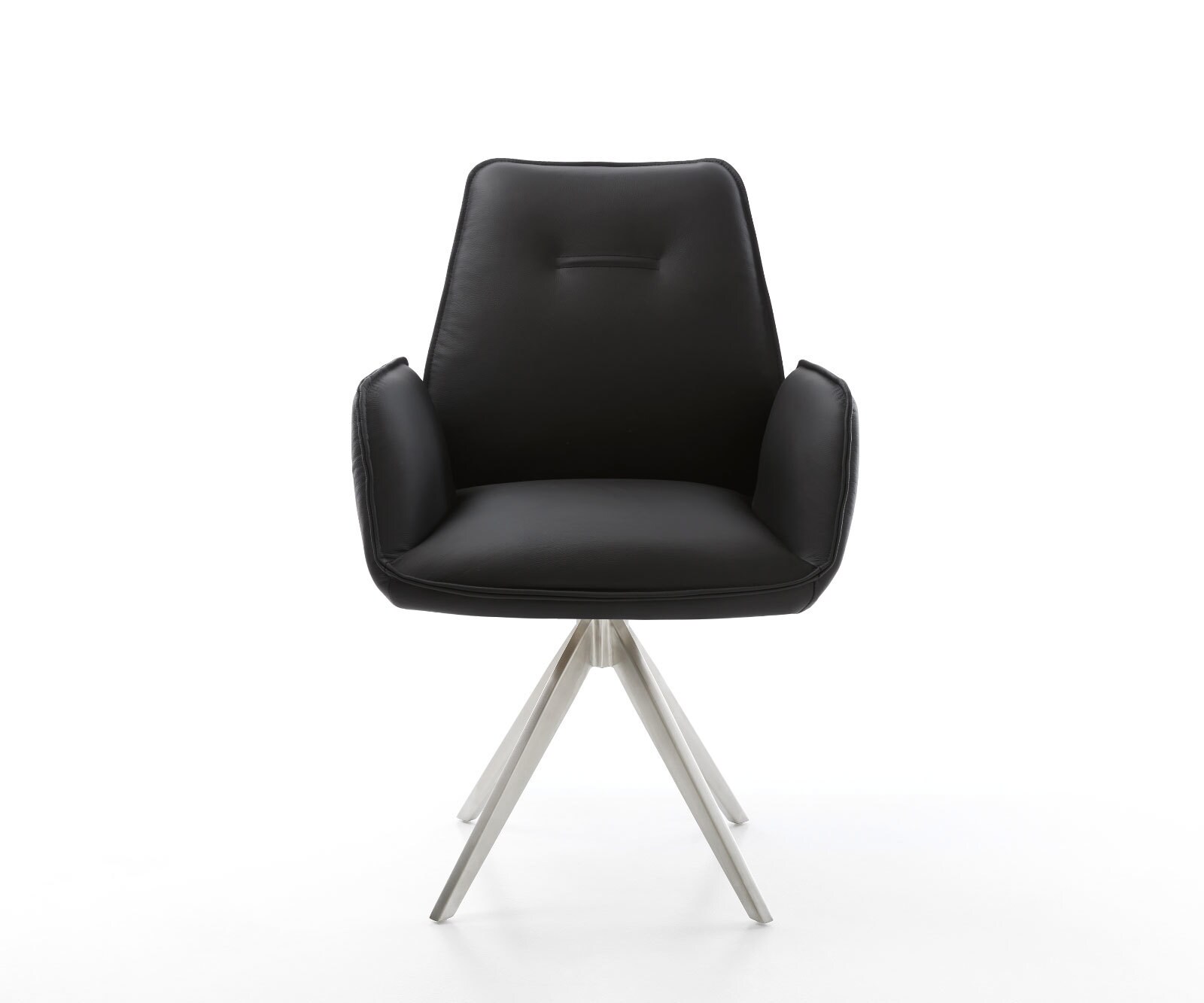 Chaise-de-salle-à-manger Zoa-Flex cuir de vache noir pied croisé angulaire acier inoxydable brossé ressorts ensachés 1