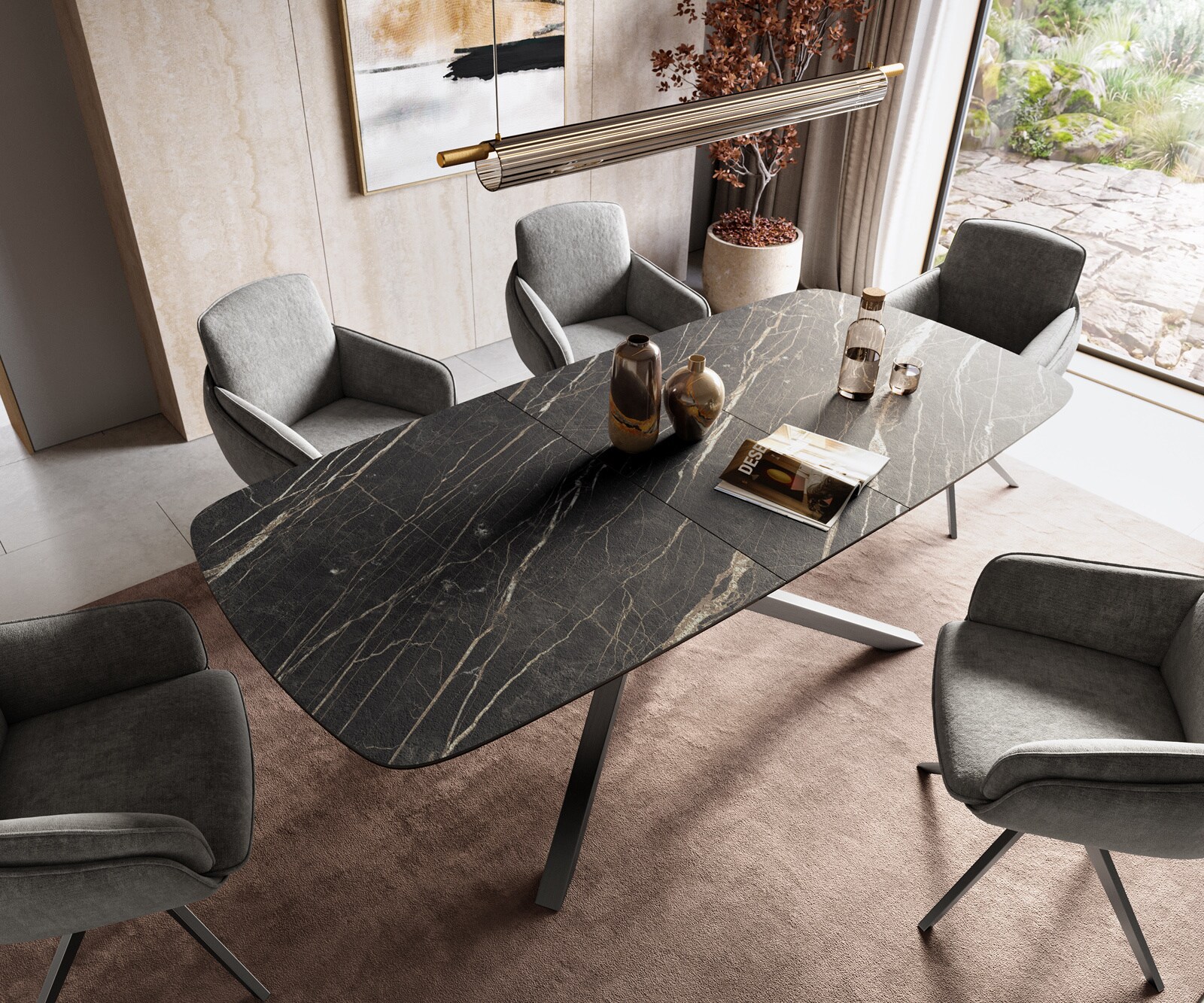 Table à manger Edge Boot 180-220x100 cm Laminam® Céramique Noir Desir Braun piètement en croix Rectangle Acier inoxydable Graphite extensible 4