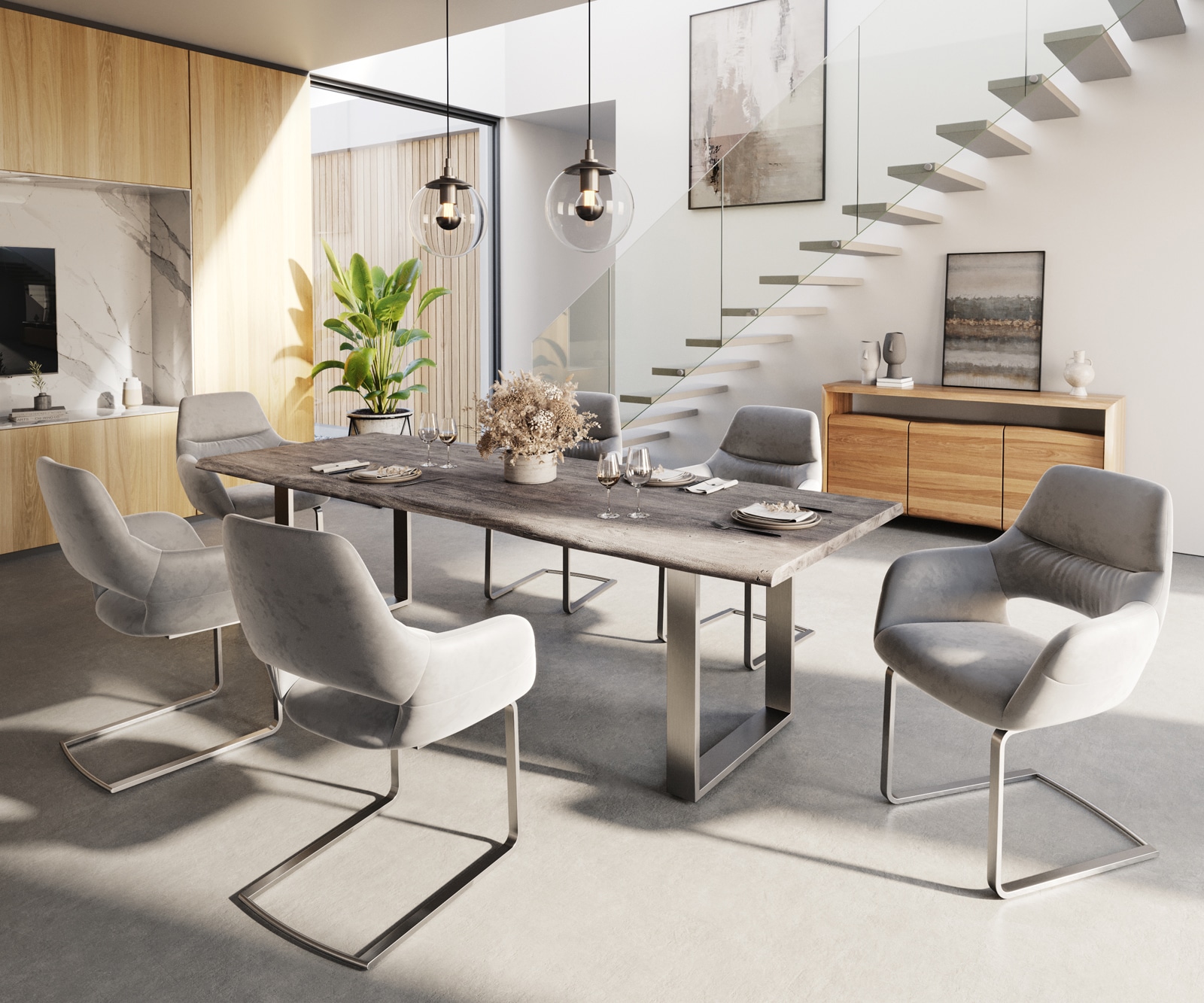 Cantilever Yago-Flex avec accoudoirs velours gris pied cantilever plat acier inoxydable brossé ressorts ensachés 3 Cantilever Yago-Flex avec accoudoirs velours gris pied cantilever plat acier inoxydable brossé ressorts ensachés 3