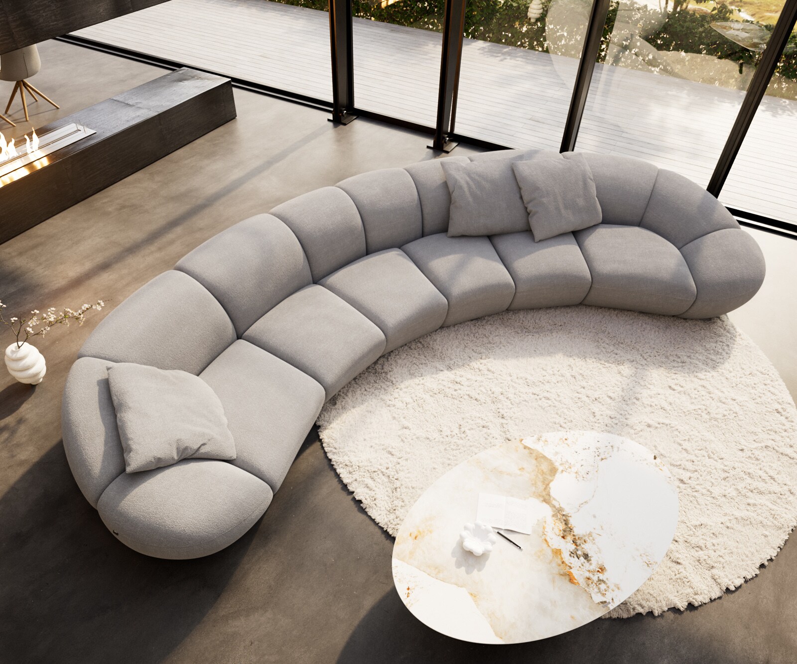 Big sofa Lunna 470x210 cm tissu bouclé taupe 3 coussins 1