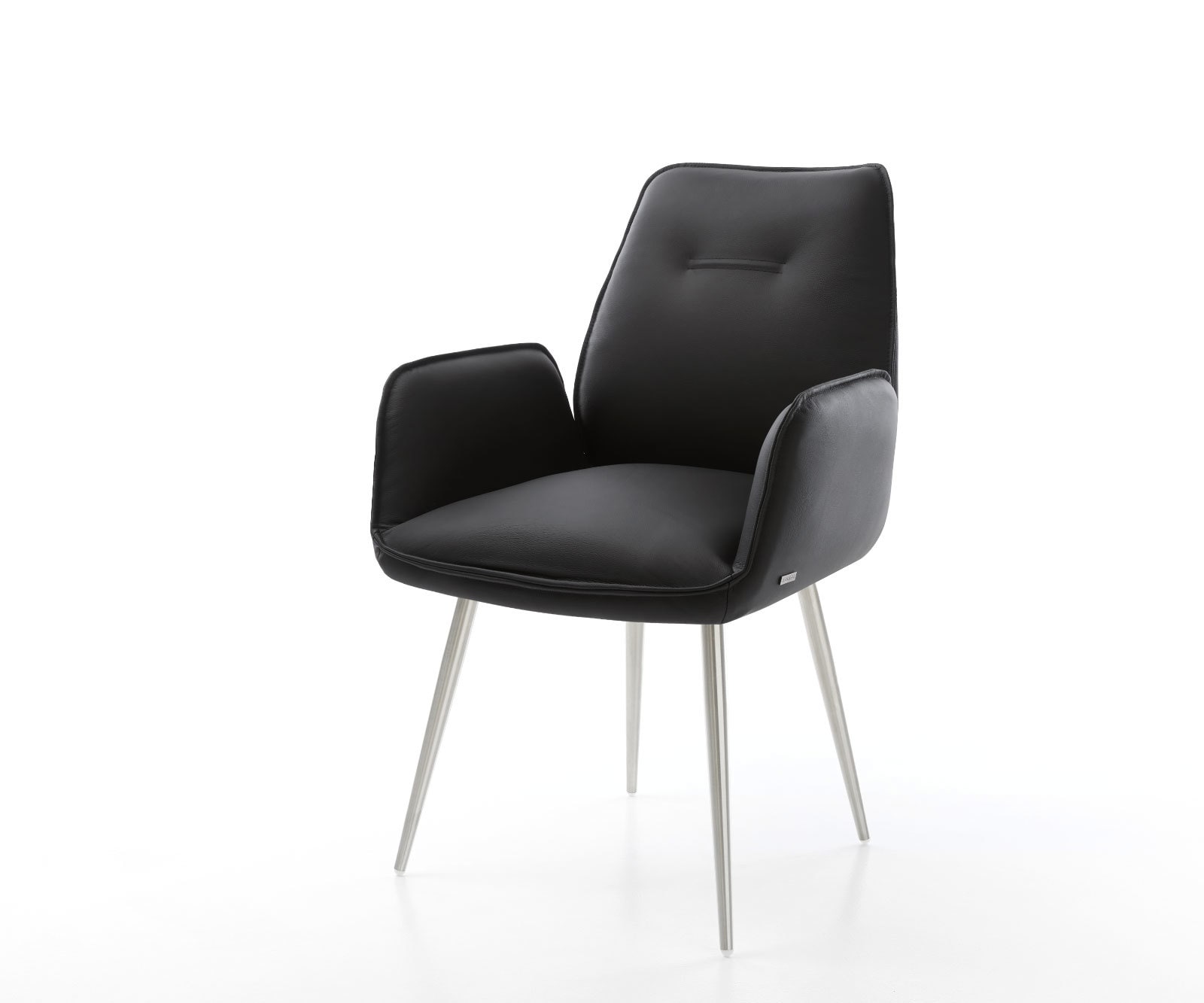 Chaise-de-salle-à-manger Zoa-Flex cuir de vache noir 4 pieds coniques acier inoxydable brossé ressorts ensachés