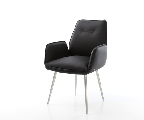 Chaise-de-salle-à-manger Zoa-Flex cuir de vache noir 4 pieds coniques acier inoxydable brossé ressorts ensachés