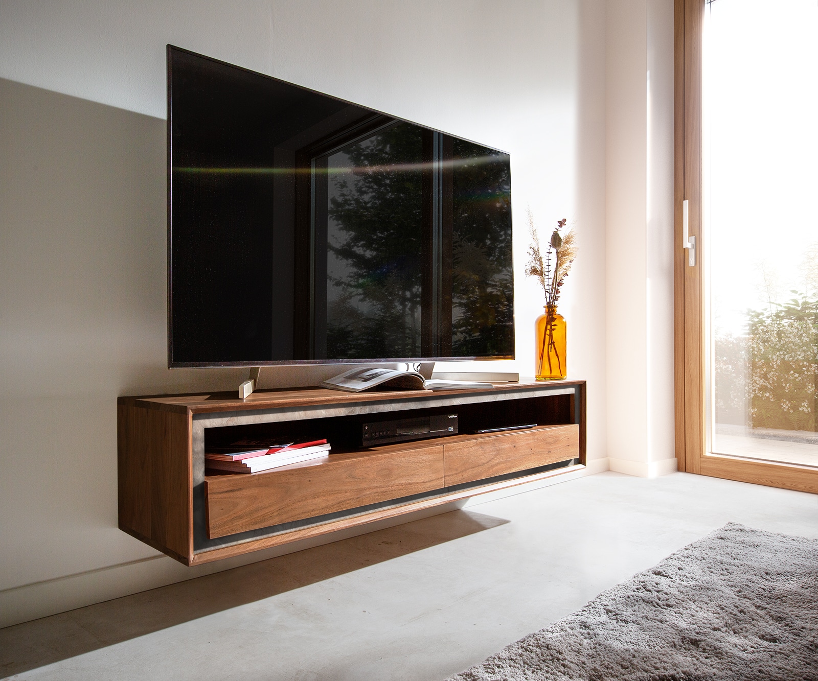 Meuble-TV Stonegrace 145 cm acacia marron placage pierre 2 tiroirs 1 compartiment suspendu Meuble-TV Stonegrace 145 cm acacia marron placage pierre 2 tiroirs 1 compartiment suspendu