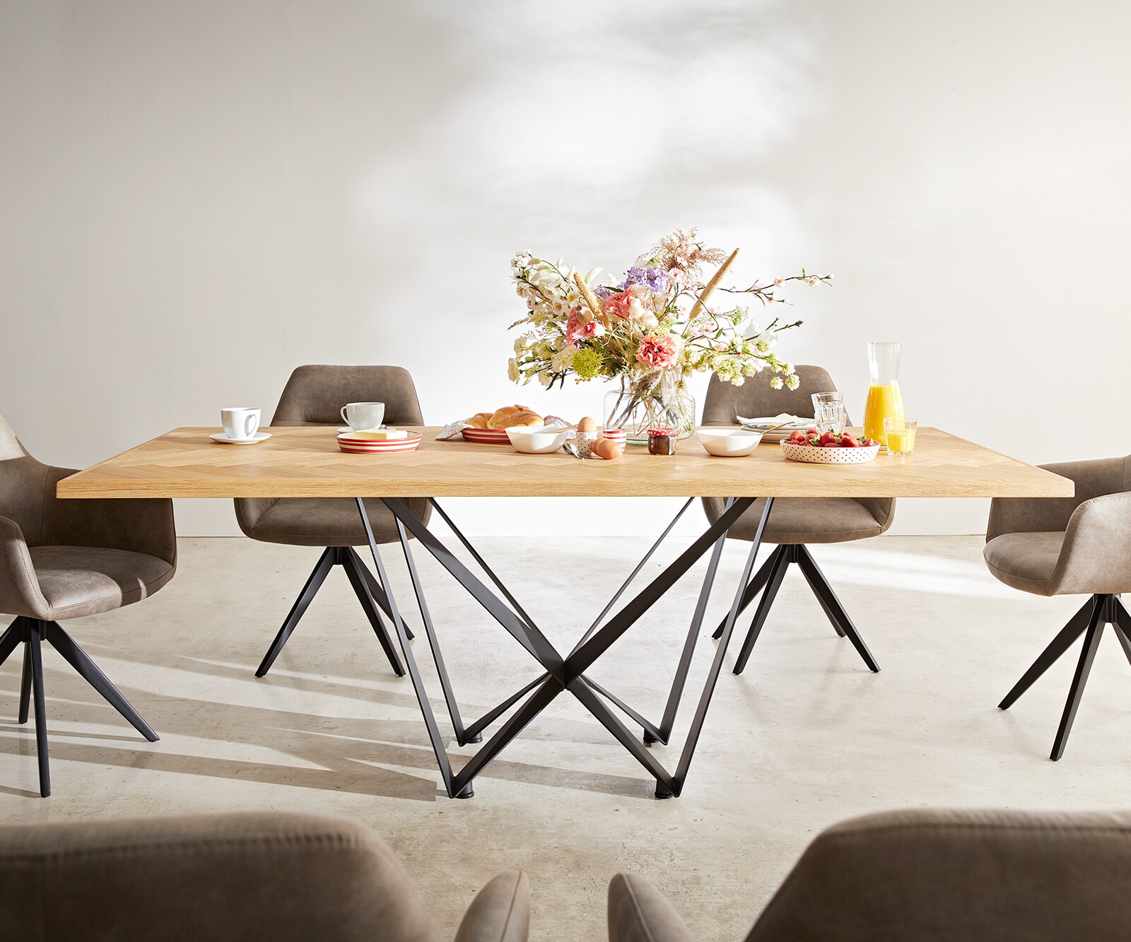 Table à manger Edge-pure 200x100 chêne nature Fishbone Spider acier plat noir 3