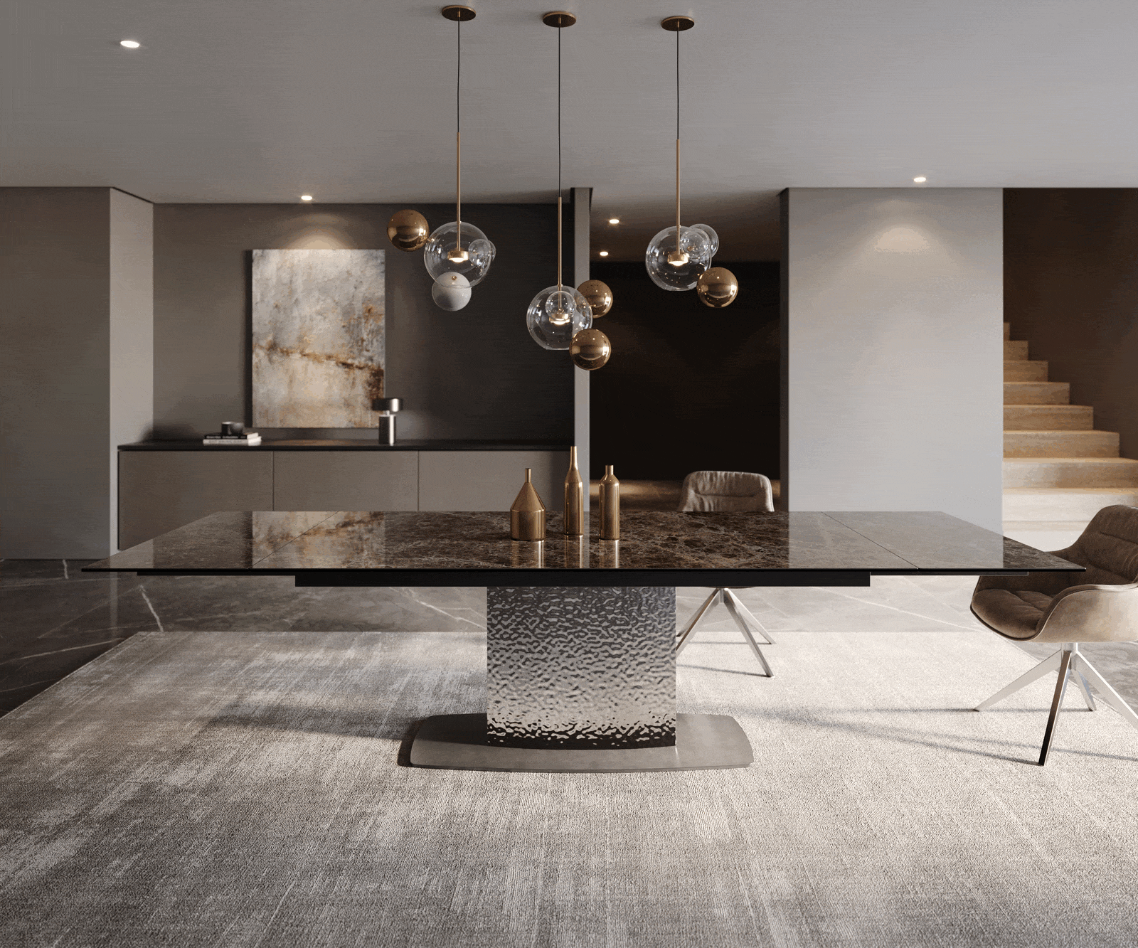 Table de salle à manger Edge Céramique Emperador Extra Lucidato Brun foncé 200-300x100 Wave Acier inoxydable extensible 2