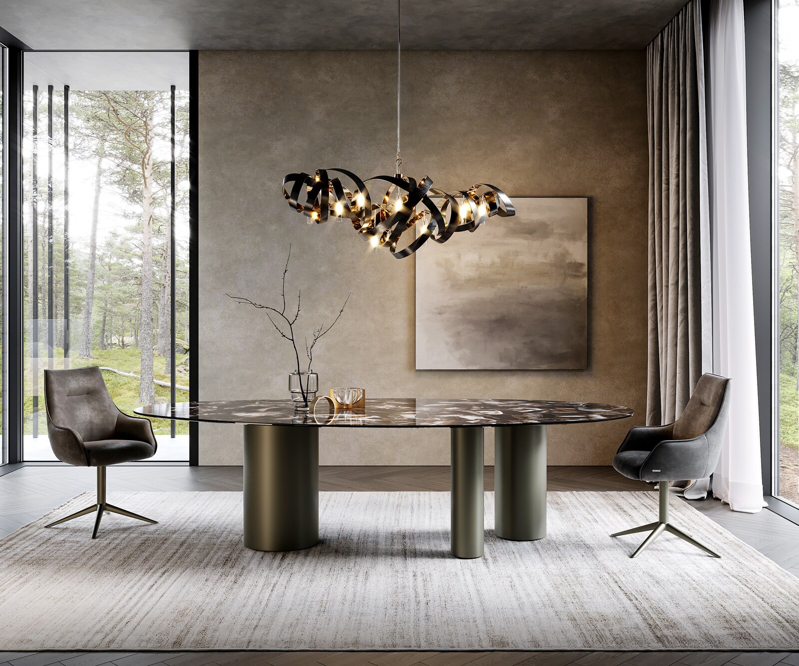 Table à manger Edge Oval 280x130 Céramique Iris FMG Agatablack Troa Métal Effet Titane 1