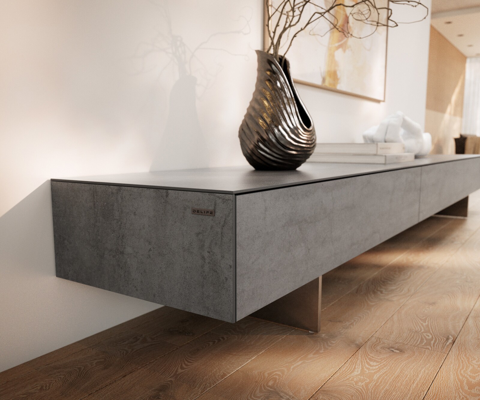 Meuble-TV Cuor 250 cm Céramique Béton gris 1 Clapet 1 Tiroir Pied optique flottant Ancier inoxydable 5