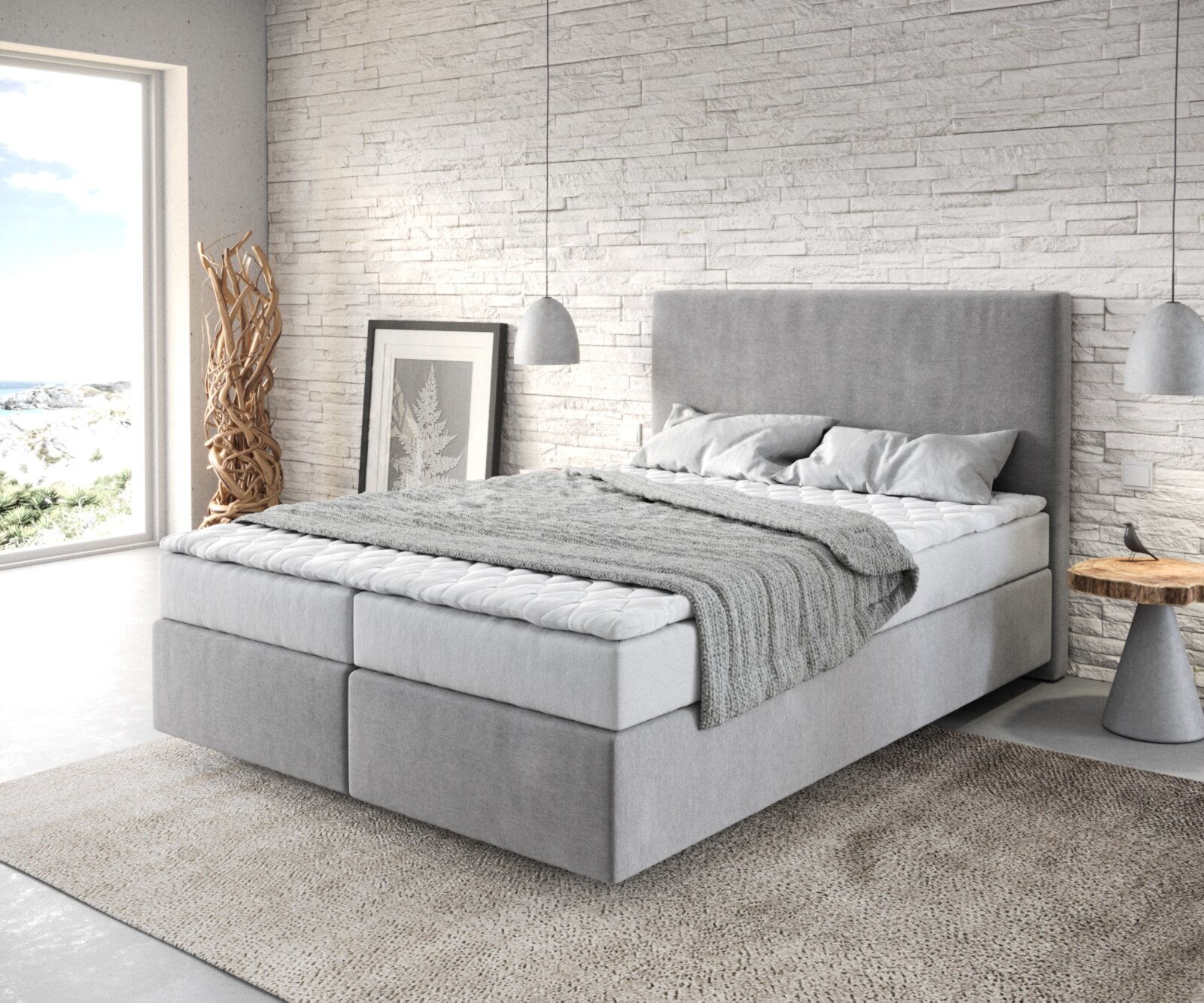 Lit-à-sommier-tapissier Dream-Well 140x200 cm gris avec matelas et surmatelas
