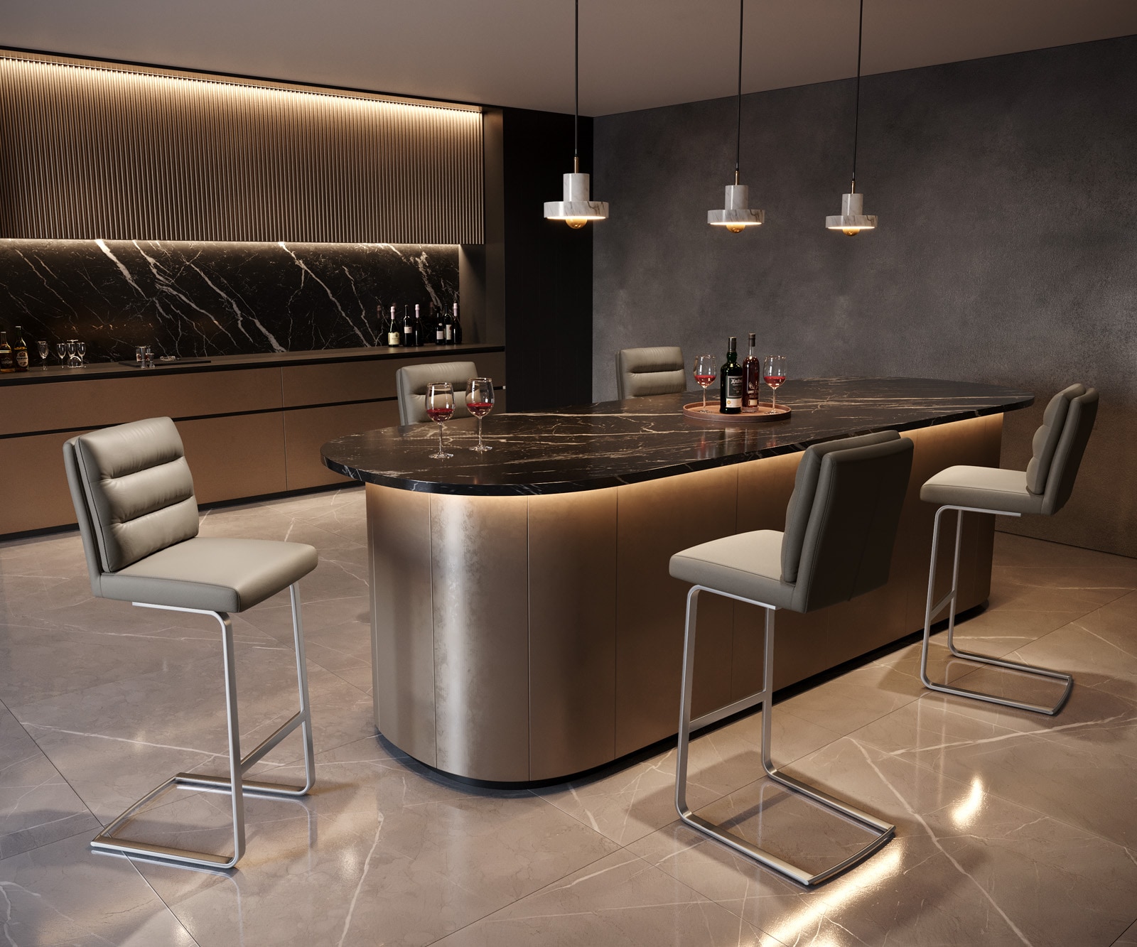 Chaise-de-bar Pela-Flex cuir véritable boue cadre luge plat acier inoxydable ressorts ensachés 4