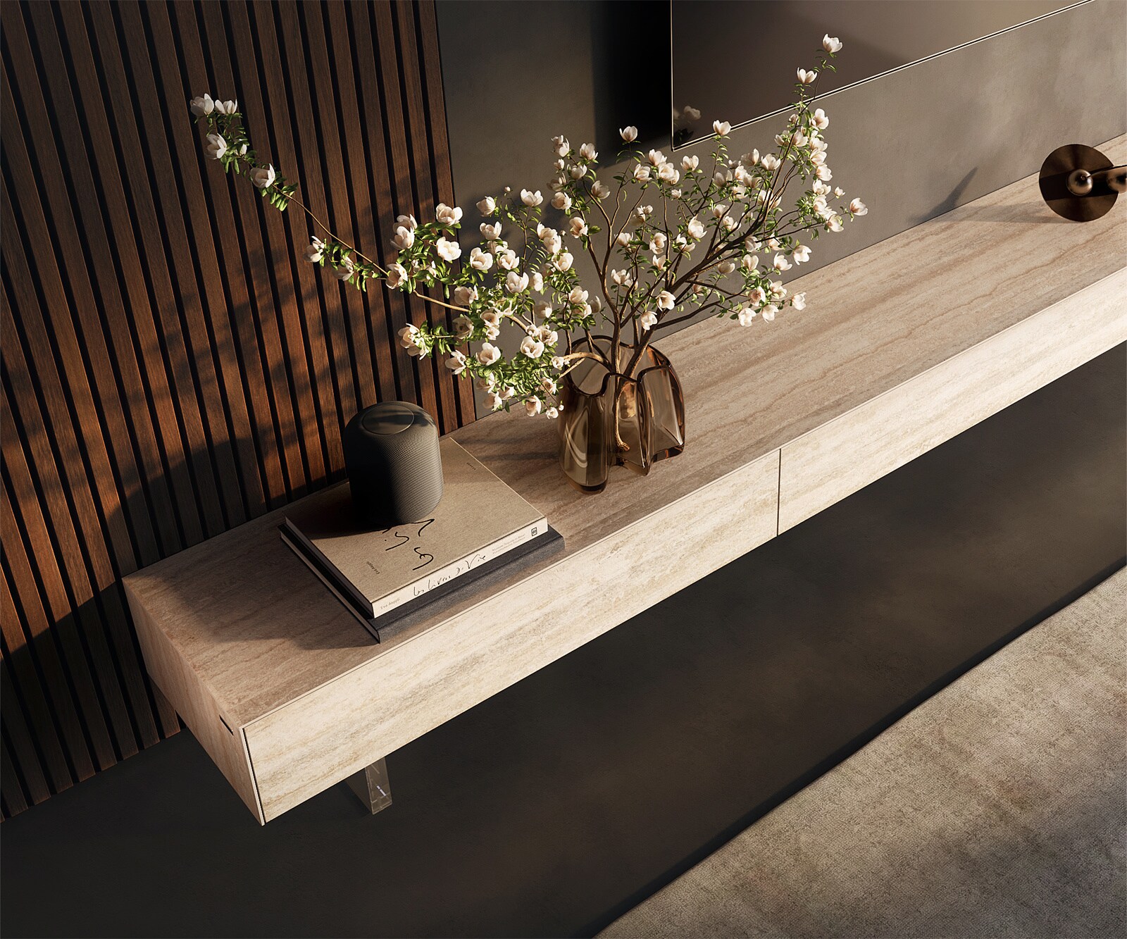 Meuble-TV Cuor 250 cm Céramique Laminam® Travertino Bianco Crème-blanc 1 Clapet 1 Tiroir Pied optique flottant Verre acrylique 3