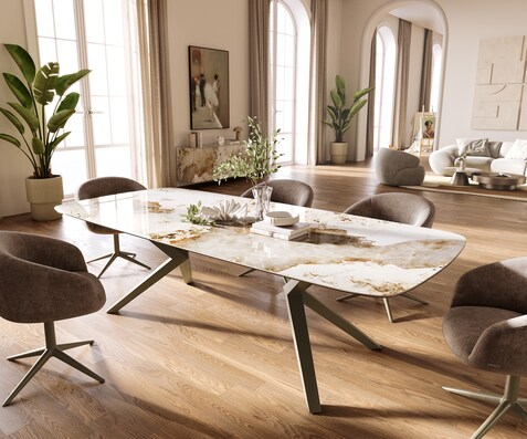Table à manger Edge Boot 260x120 cm Céramique Minas Melange Blanc-Beige Zenthara kantik Métal Finition effet Titan