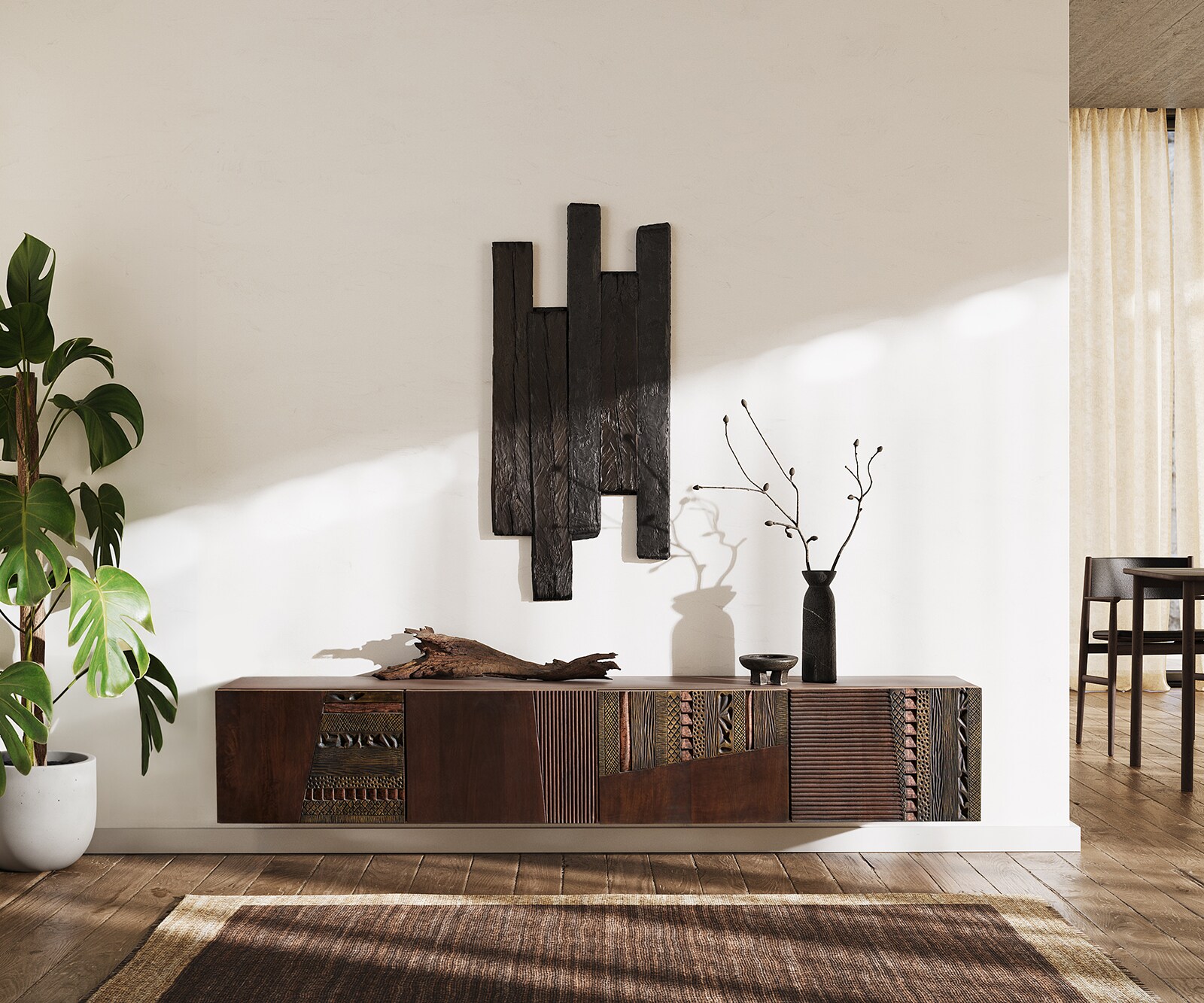 Meuble-TV  Imara 200 cm brun manguier 4 portes suspendues 1