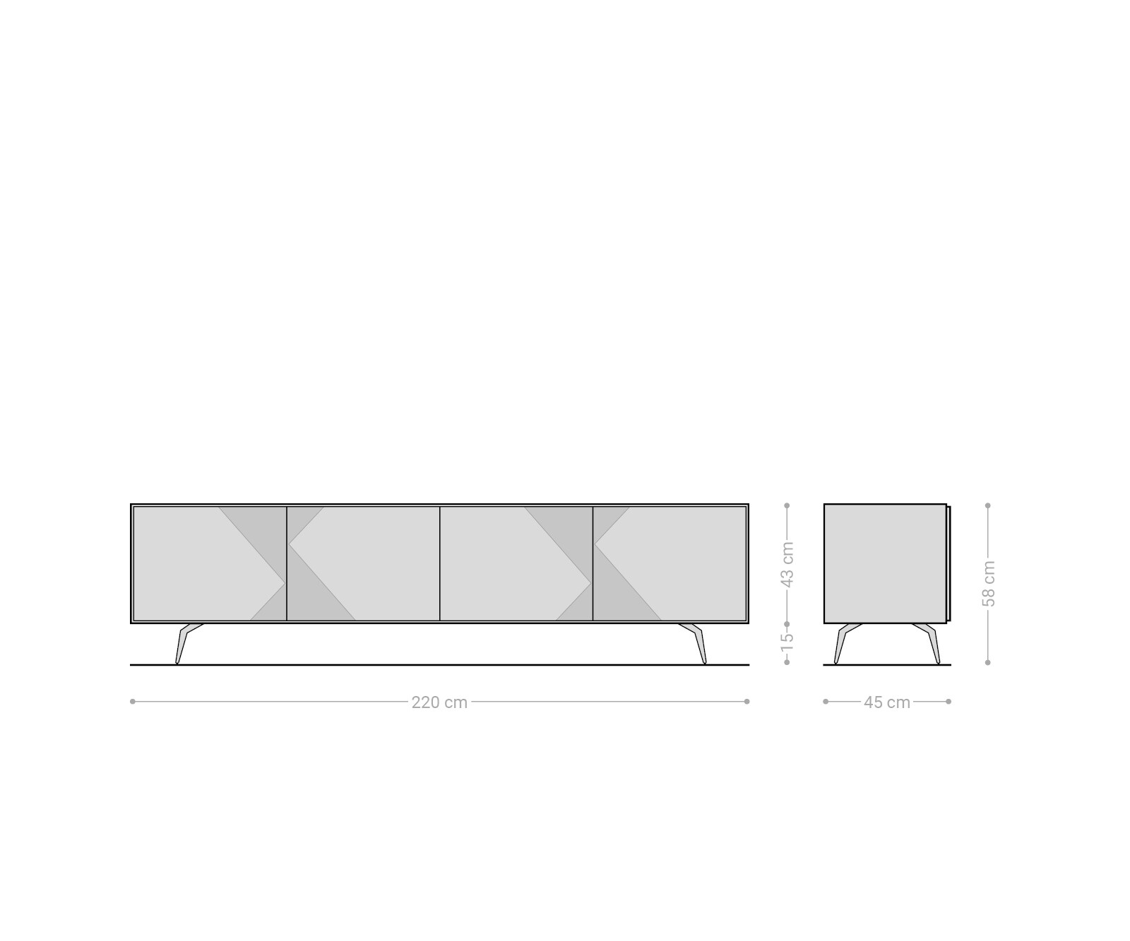 Meuble-TV Tereos 220 cm Frêne brun foncé Effet 3D 4 portes Pieds angulaires Acier inoxydable brossé 6