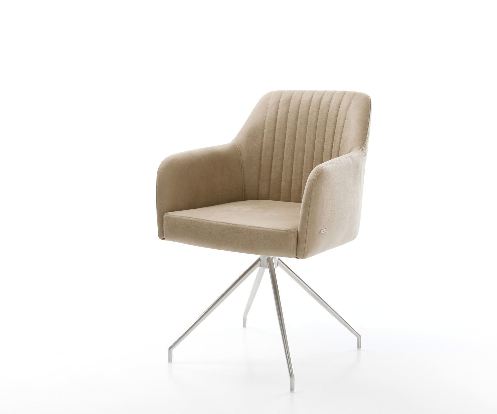 Chaise-de-salle-à-manger Greg-Flex microvelours beige vintage pied croisé conique acier inoxydable brossé ressorts ensachés