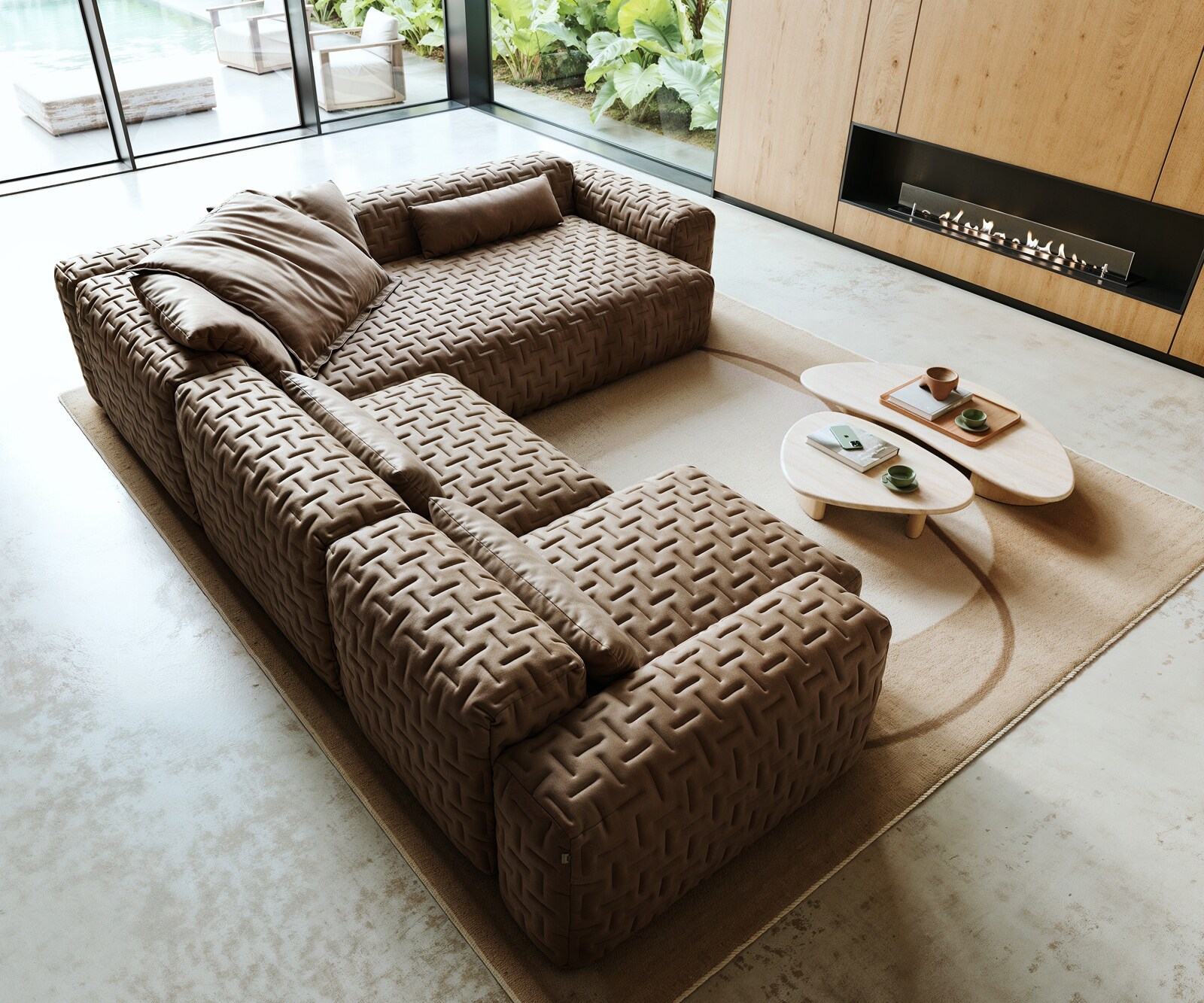 Canapé panoramique Freestyle 360x290 cm Tissu microfibre Taupe Vintage matelassé 3