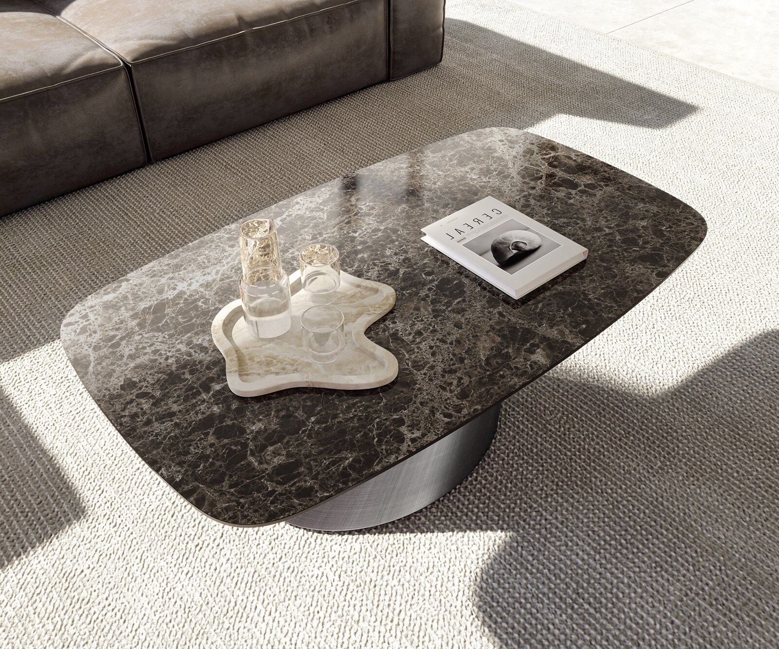 Table basse Edge Boot 120x70 cm céramique Laminam® Emperador Extra Lucidato brun foncé Conis argent métallique 4