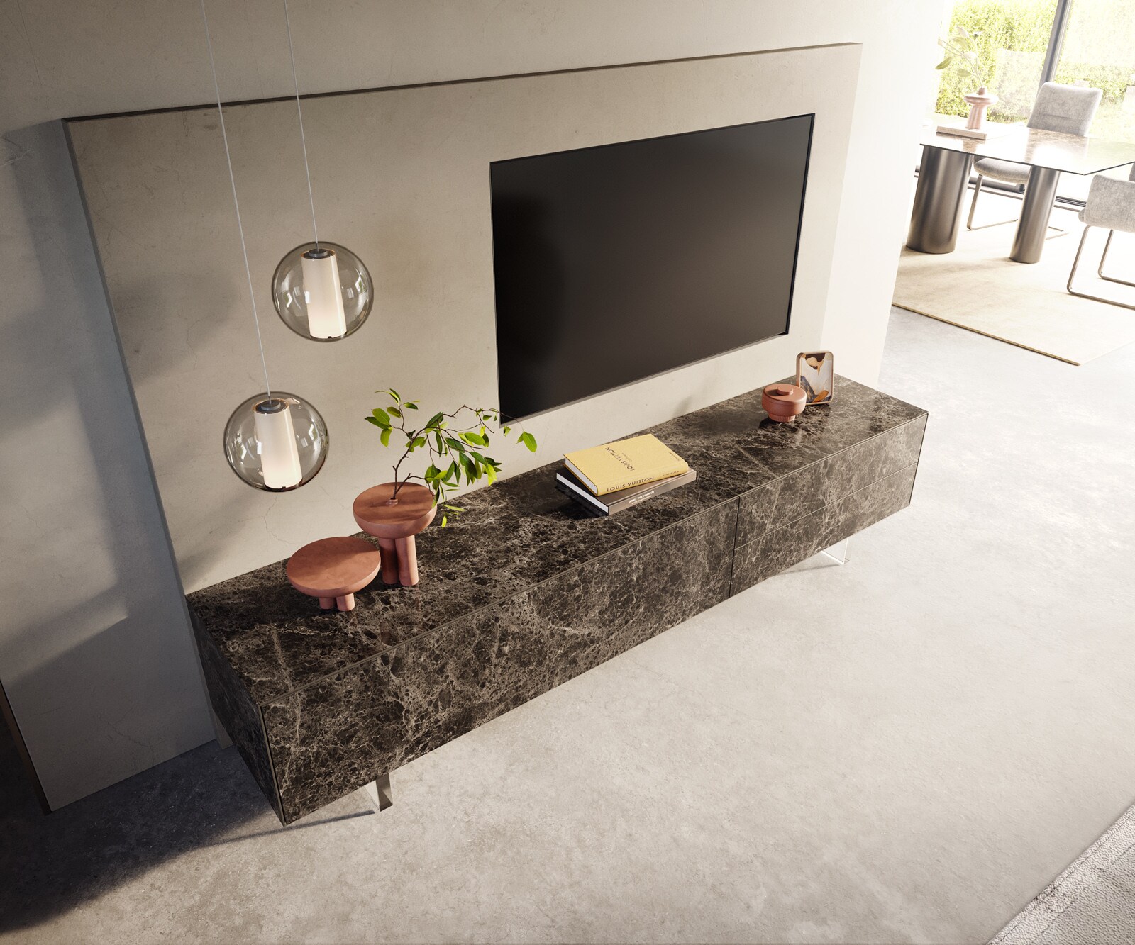 Meuble-TV Cuor 220 cm Céramique Emperador Extra Lucidato brun foncé 1 Clapet 2 Tiroirs Pied optique flottant Verre acrylique 4