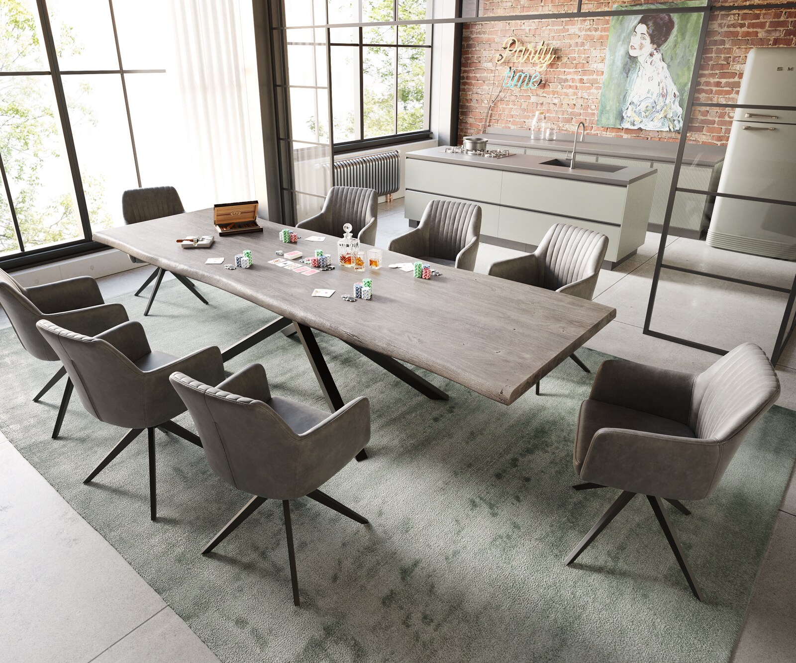 Table à manger Edge 300x100 XL acacia platine cadre croisé rectangle noir Live-Edge 5