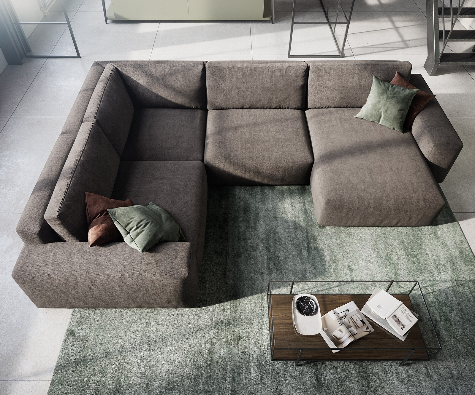 Canapé panoramique Lanzo XL 360x260 cm microfibre marron kaki Recamière variable 3