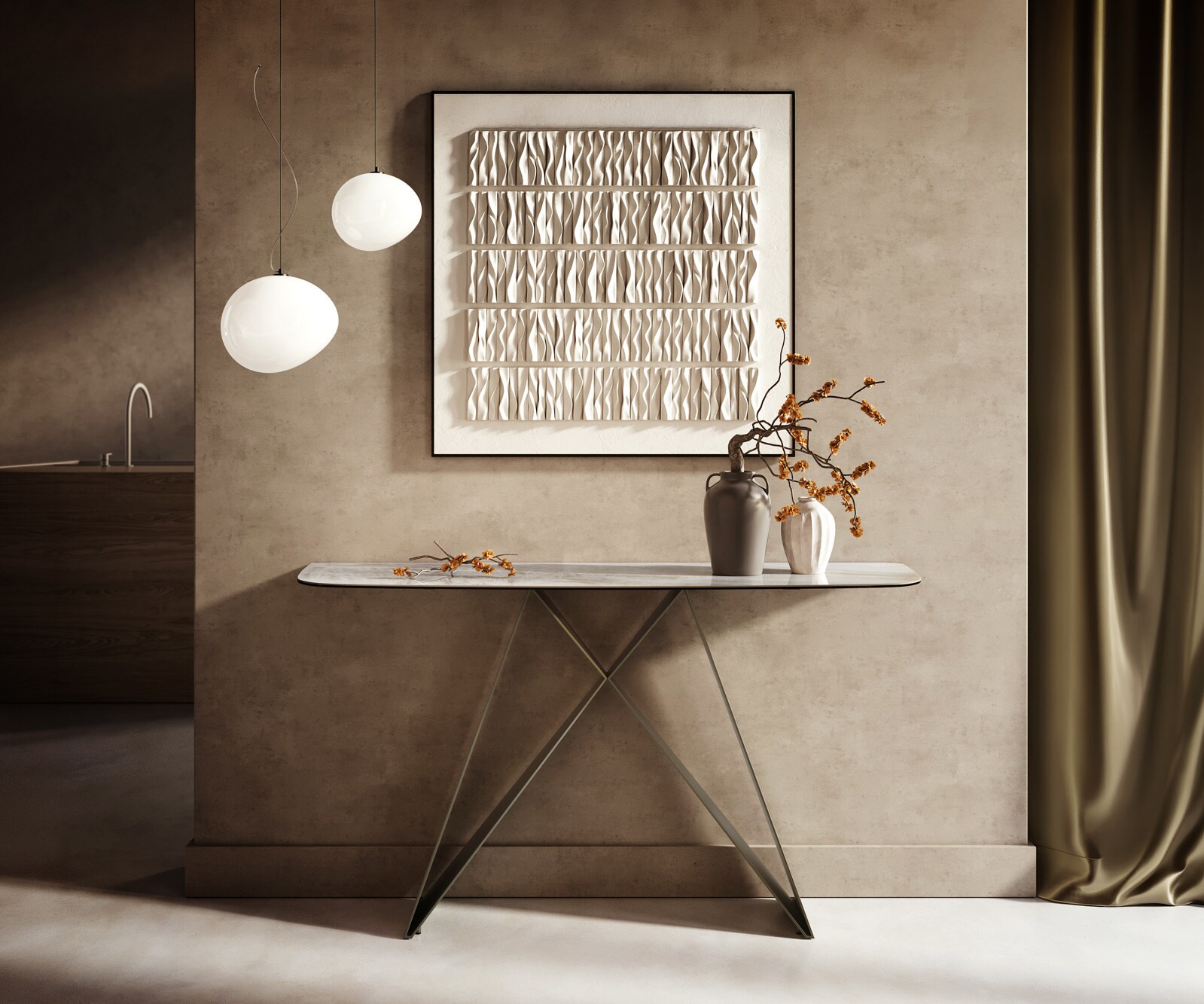 Console Edge forme bateau 140x40 cm Céramique Onyx Pearl Velio Métal Effektfinish Titan 1