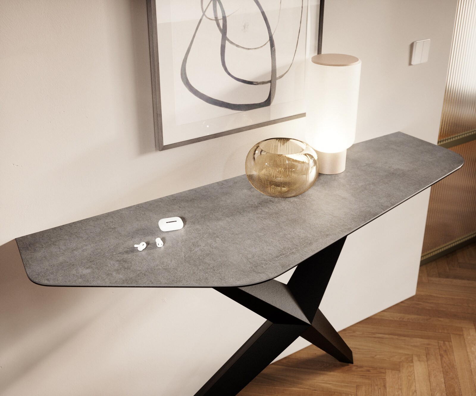 Console Edge Polygonal 140x50 cm Céramique Gris béton Zentharo Métal Noir 5