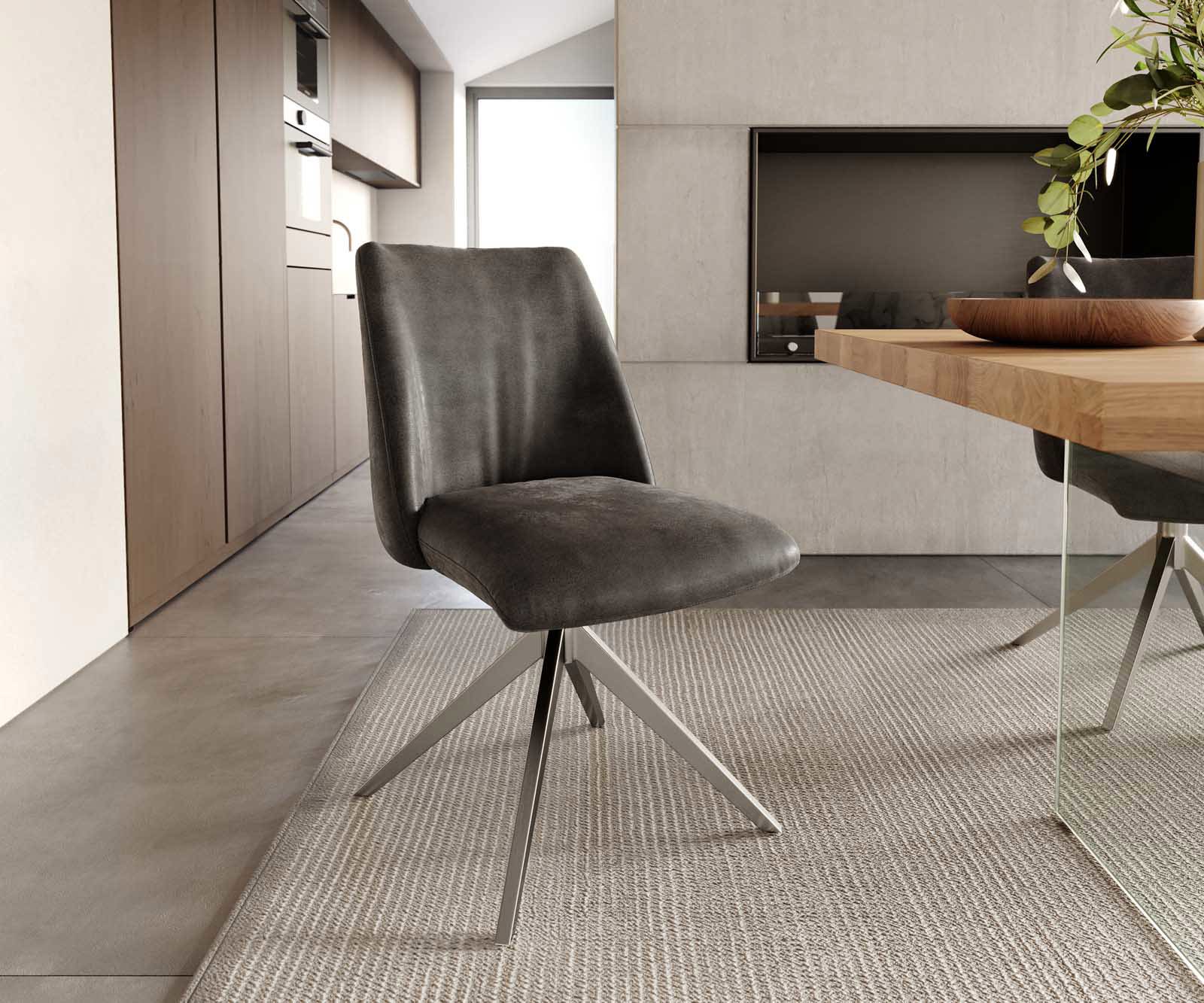 Chaise-pivotante Elso-Flex microvelours anthracite vintage pied croisé large acier inoxydable brossé pivotement sur 360° ressorts ensachés