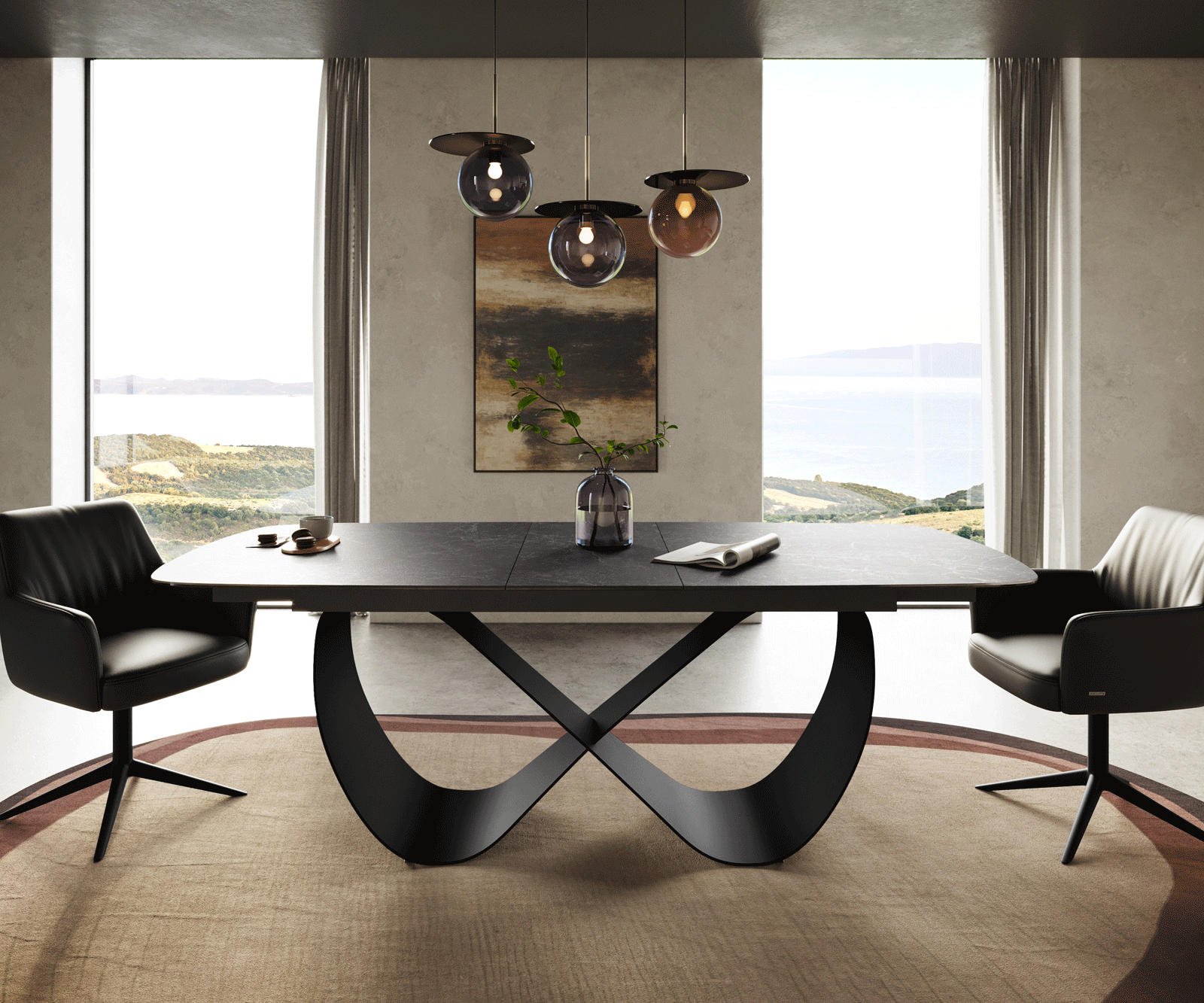 Table à manger Edge Boot 180-220x100 cm Céramique Laminam® Nero Greco Anthracite Infinity Métal Noir extensible 2