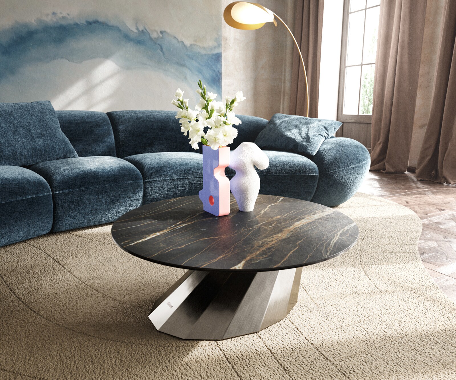 Table basse Edge rond 90x90 cm céramique Laminam® Noir Desir brun Parabi acier inoxydable brossé 1