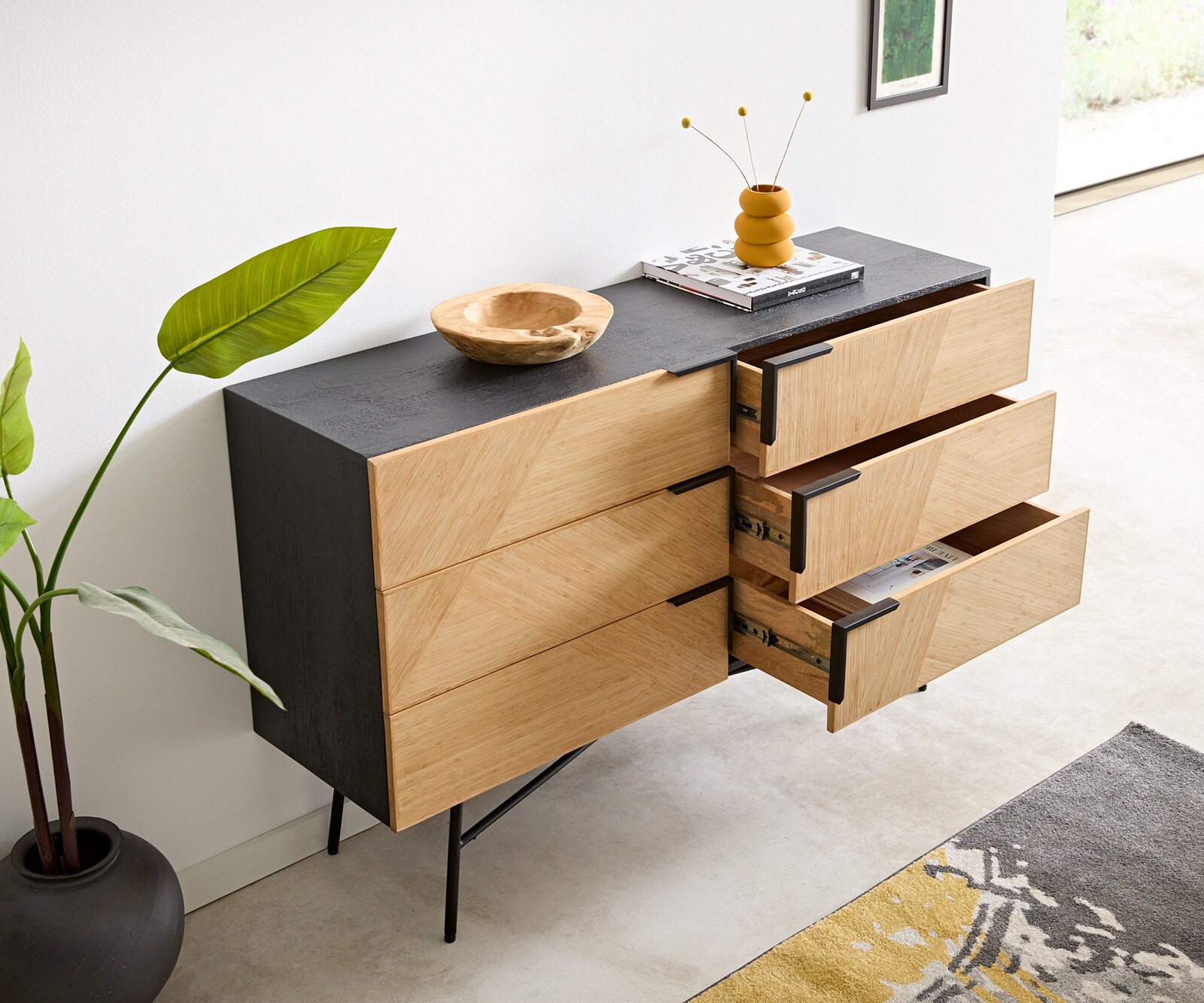 Buffet Mikkusu 140 cm bambou naturel manguier noir 6 tiroirs métal noir 3
