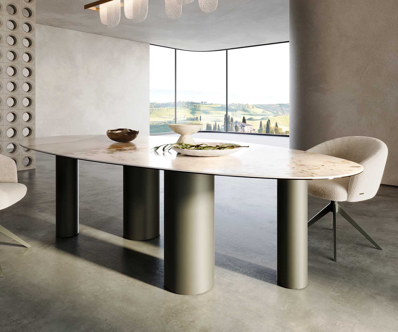 Table à manger Edge Oval 280x130 Céramique Minas Melange Blanc-Beige Pilier Métal Effet Titane 5