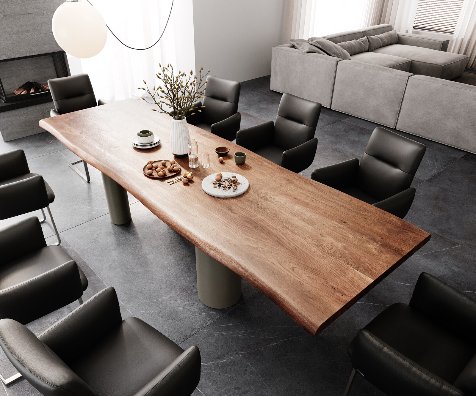 Table à manger Edge 300x100 XL Acacia Marron Pilier Métal finition à effet Titane Live-Edge 4