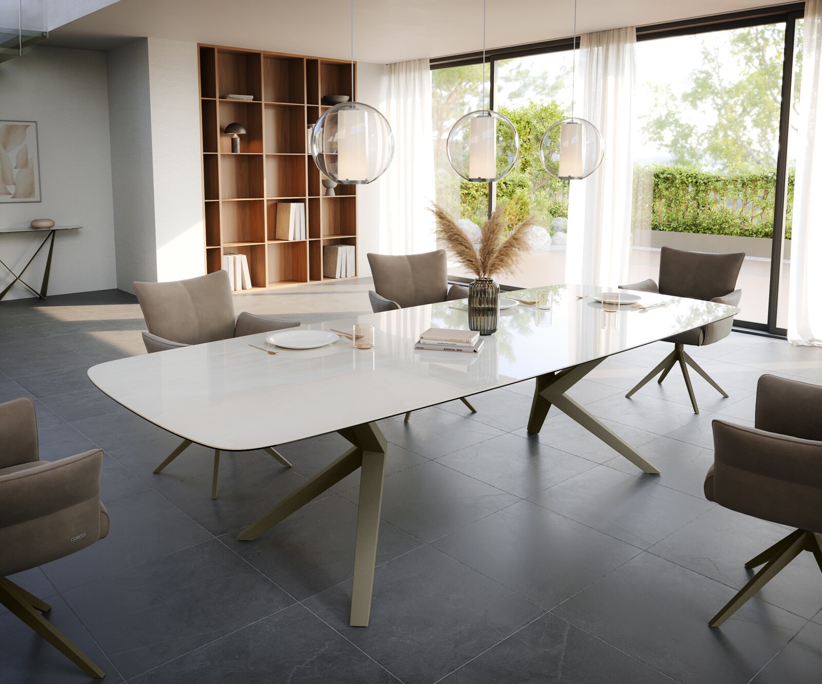 Table à manger Edge Boot 300x120 cm Céramique Onyx Champagne Zenthara Métal Finition effet Titan 1