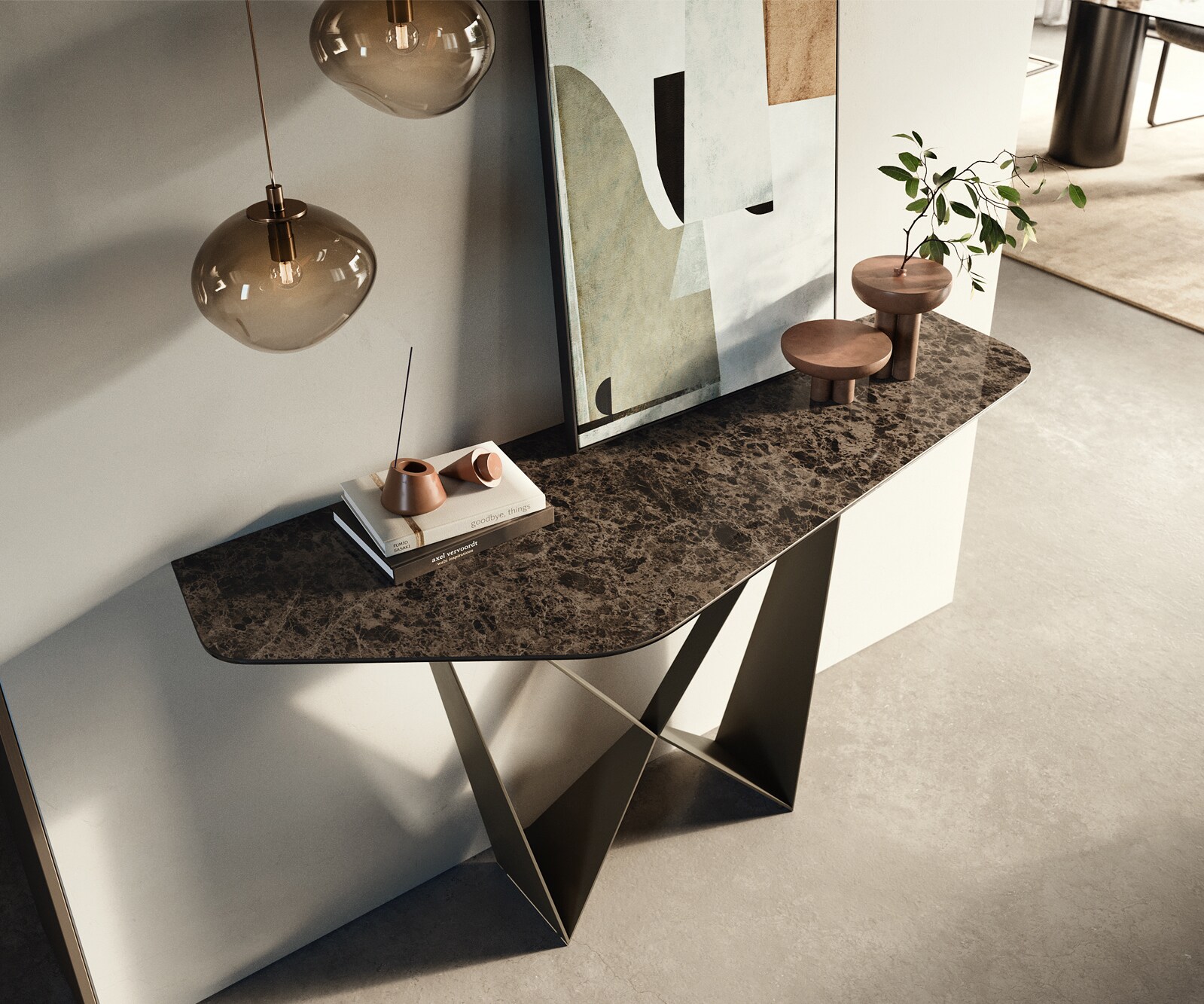 Console Edge Polygonal 140x50 cm Céramique Emperador Extra Lucidato Dunkelbraun Spios Métal Effektfinish Titan 1