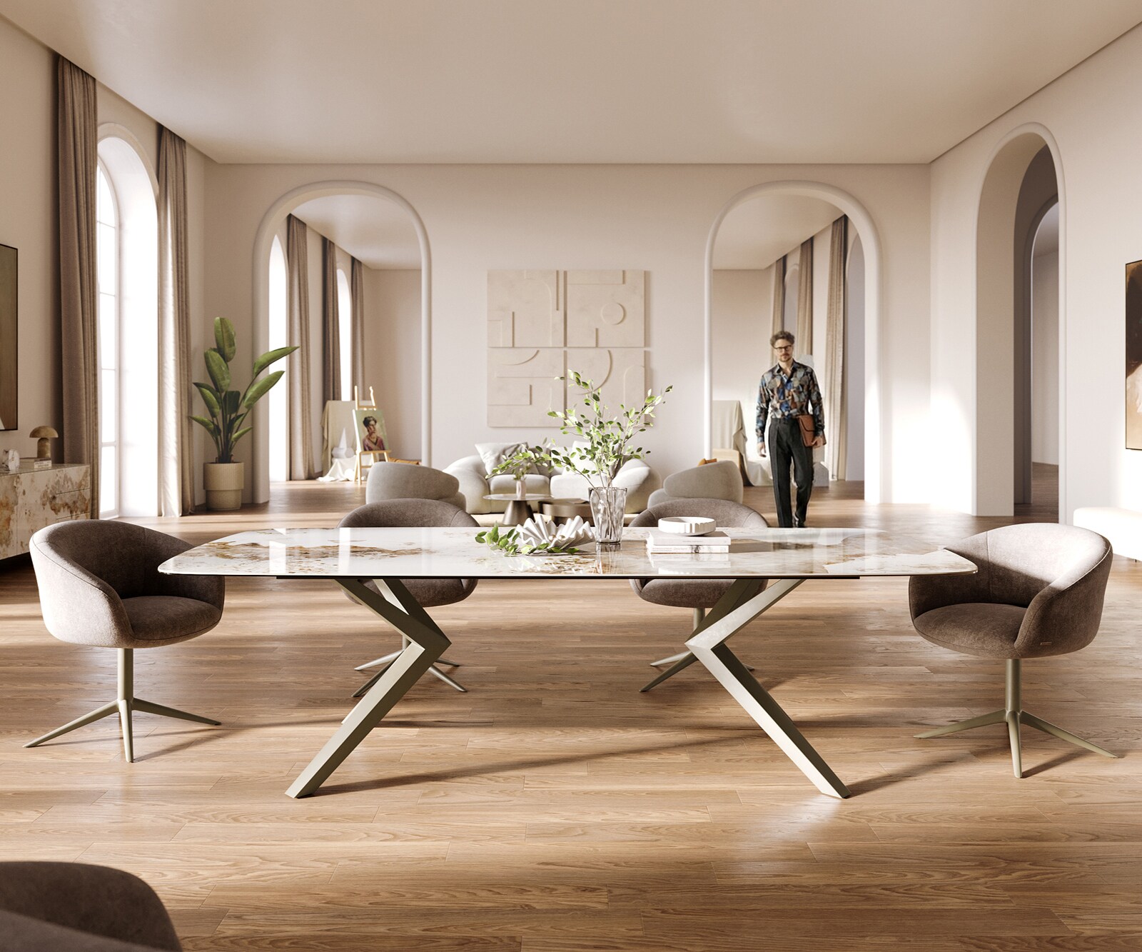 Table à manger Edge Boot 260x120 cm Céramique Minas Melange Blanc-Beige Zenthara kantik Métal Finition effet Titan 1