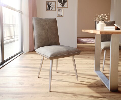 Chaise-de-salle-à-manger Lelio-Flex microvelours taupe vintage 4 pieds coniques acier inoxydable brossé ressorts ensachés